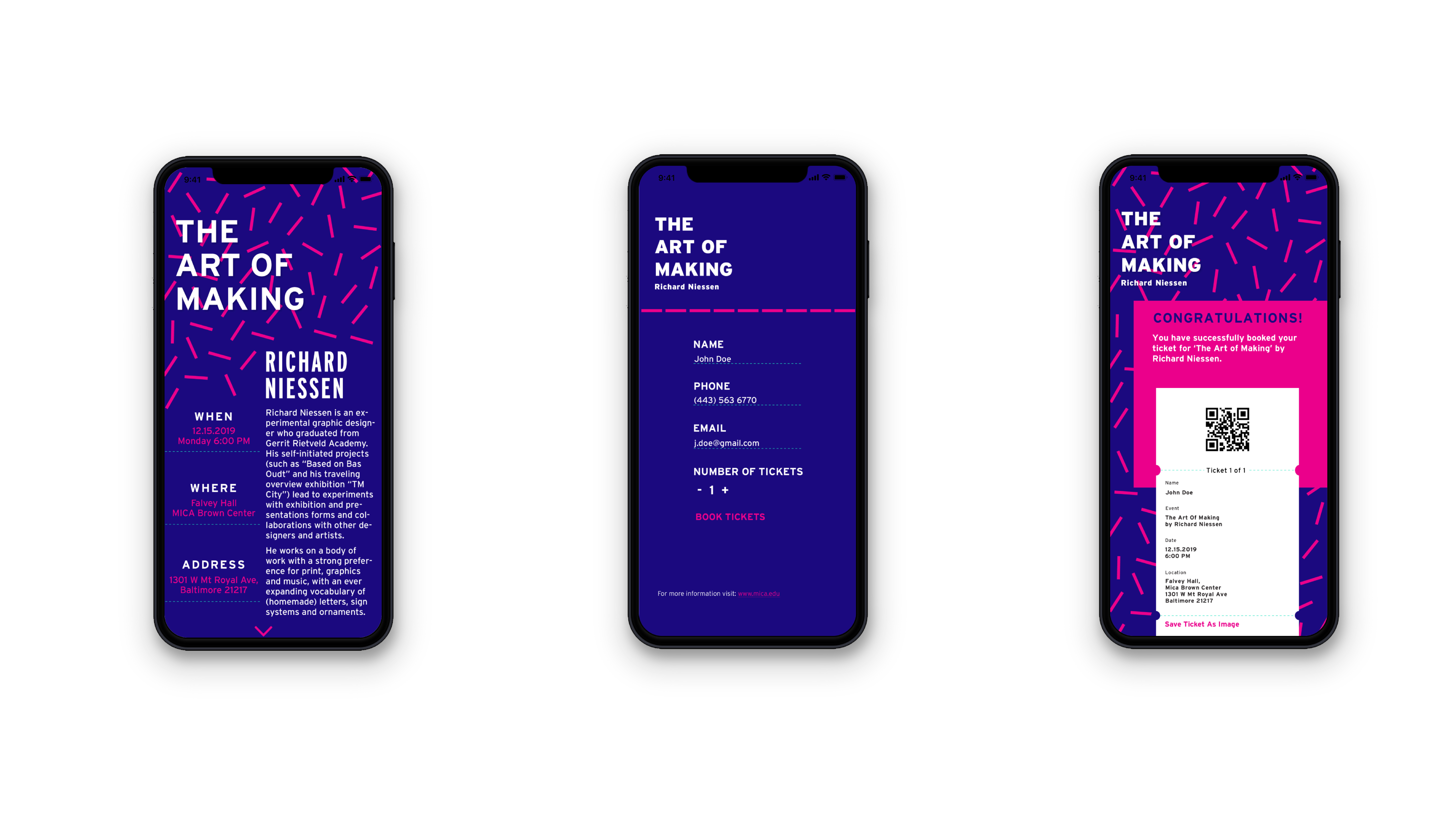 Mockups of screen design to book tickets
