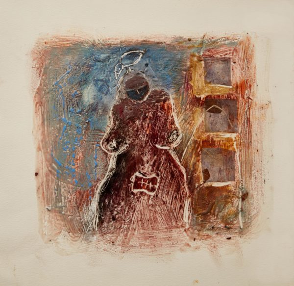 Vrouw met vogel op hoofd Werk op papier, 2018 30 x 30 cm  Gebruikte technieken: collage, oliepastel, pigment.