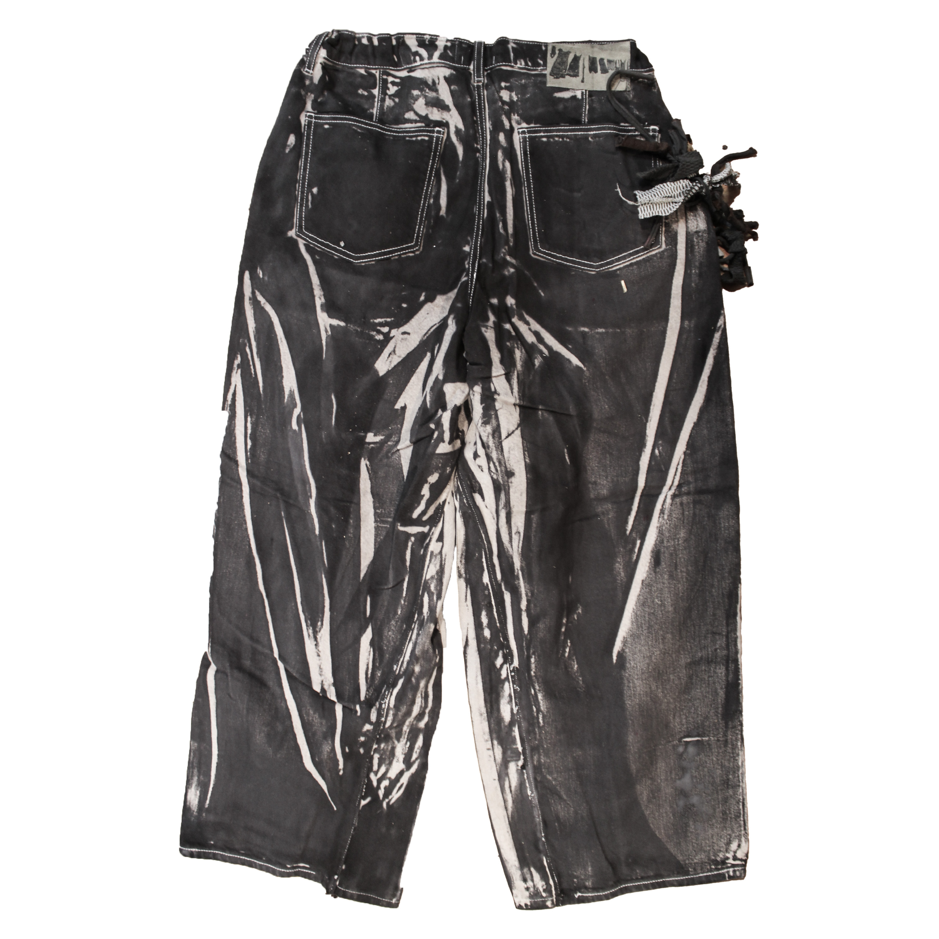 reclaimed vintage surplus denim screen printed with textile dye & various metals. tailored for straight/wide fit. fitted with custom keychain, scrap chain, and leather patches