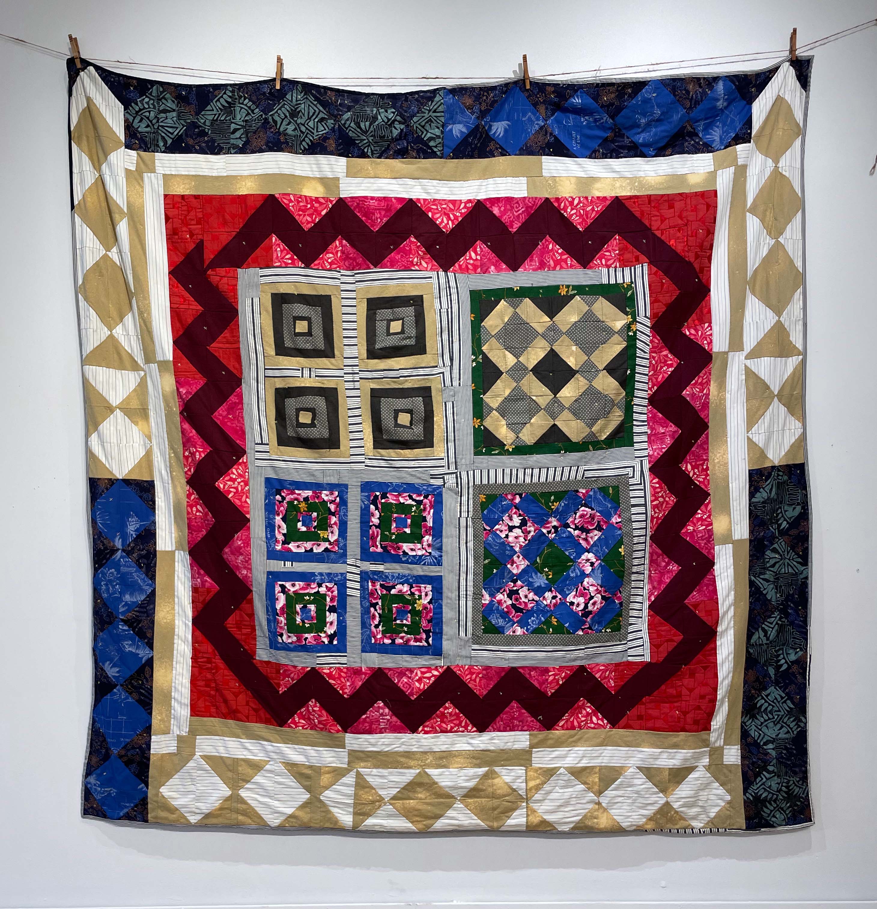 Untitled (1st quilt) | Cotton fabric, cotton batting, embroidery thread | 87 x 86 in | 2021 | Photograph by Dara Etienne