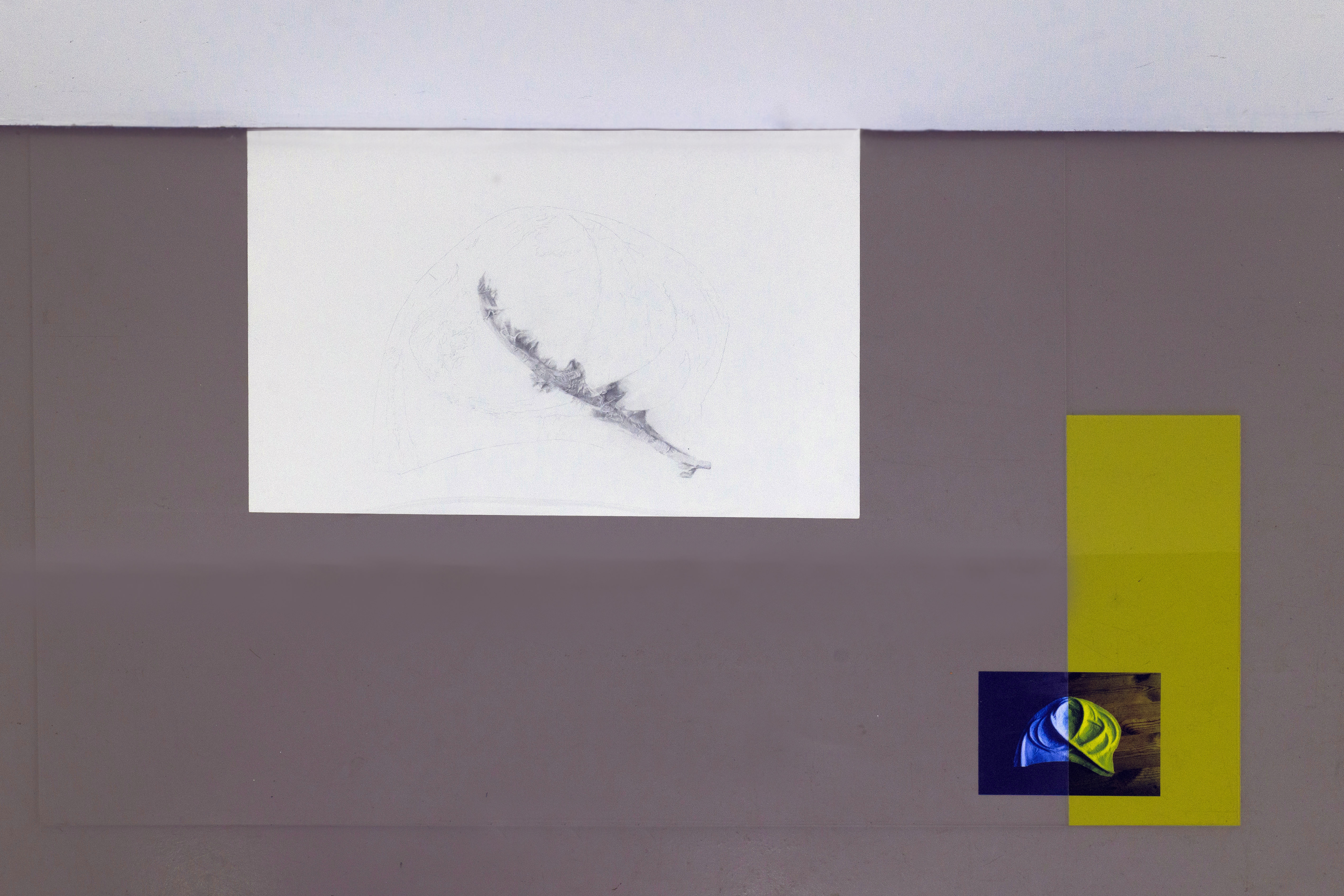 From Knot. Graphite on paper, 420 x 594mm; photographic print, 152 x 101mm; clear and tinted perspex, various dimensions; installed at Broadside Gallery, Glasgow, December 2024