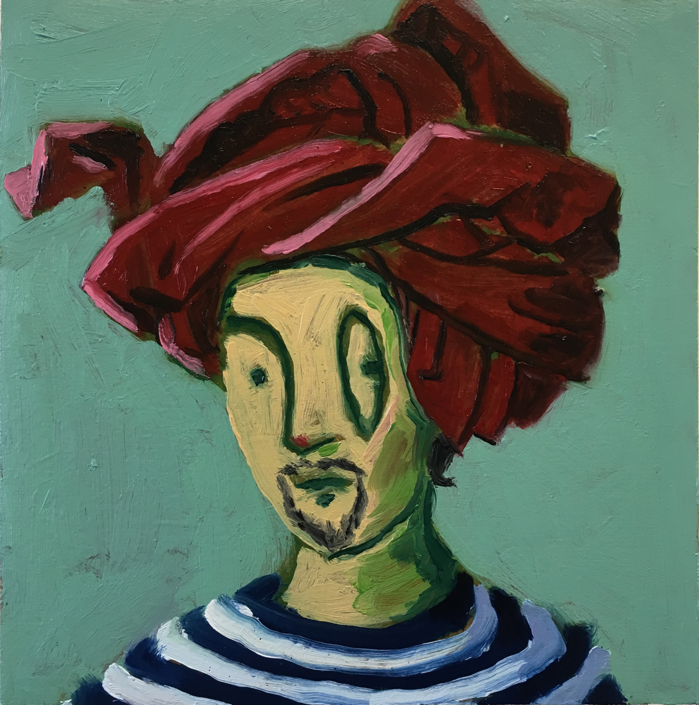 Self Portrait In A Red Turban (after Van Eyck), oil on board, 2016	
