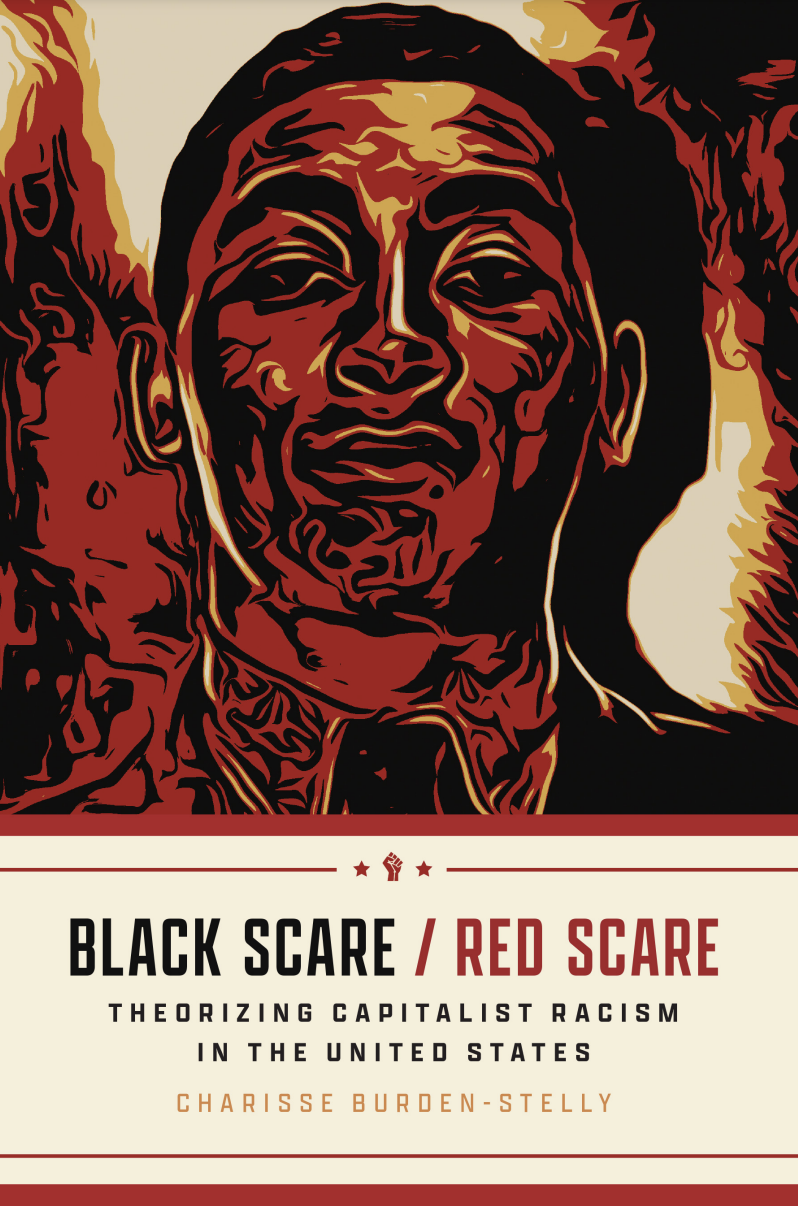 this is the book cover of 'black scare / red scare'. in the top half of the image is a graphic image in black, red, and yellow forms that show a person staring downwards and frowning. on an off white background below, the book title is written in all capital letters in black and red.