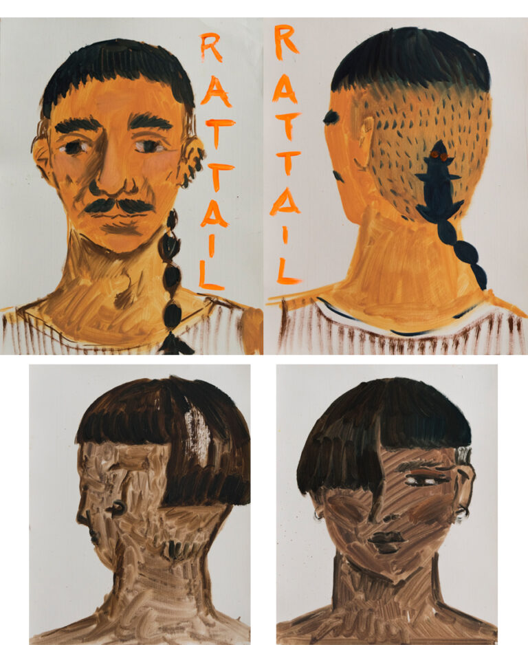 2 paintings. The first is a portrait of the front and back of a mans head. The man has a black braid of hair at his lower neck. The back of his head is shaved apart from the braid. The braid is coming out of a spot of hair shaped like a rat. The text reads: "Rat Tail". The second painting is a portrait of the front and back of a woman's head. She has bangs that are uneven, left side of her bangs are longer than the right.