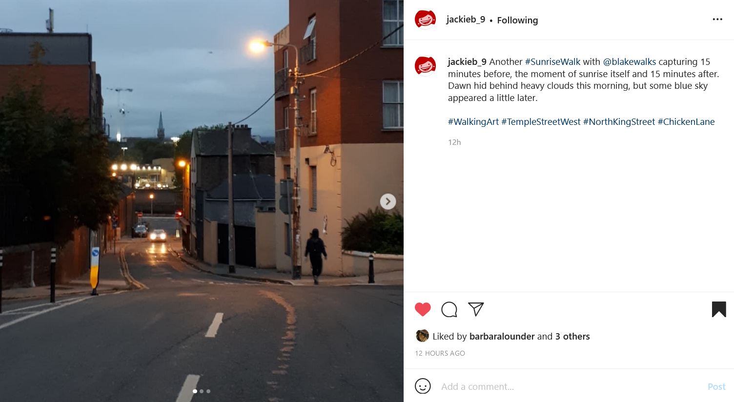 Instagram post by jackieb_9. a street with a car in the distance and an overcast sky. Text reads: "jackieb_9's profile picture jackieb_9 Another #SunriseWalk with @blakewalks capturing 15 minutes before, the moment of sunrise itself and 15 minutes after. Dawn hid behind heavy clouds this morning, but some blue sky appeared a little later.  #WalkingArt #TempleStreetWest #NorthKingStreet #ChickenLane"