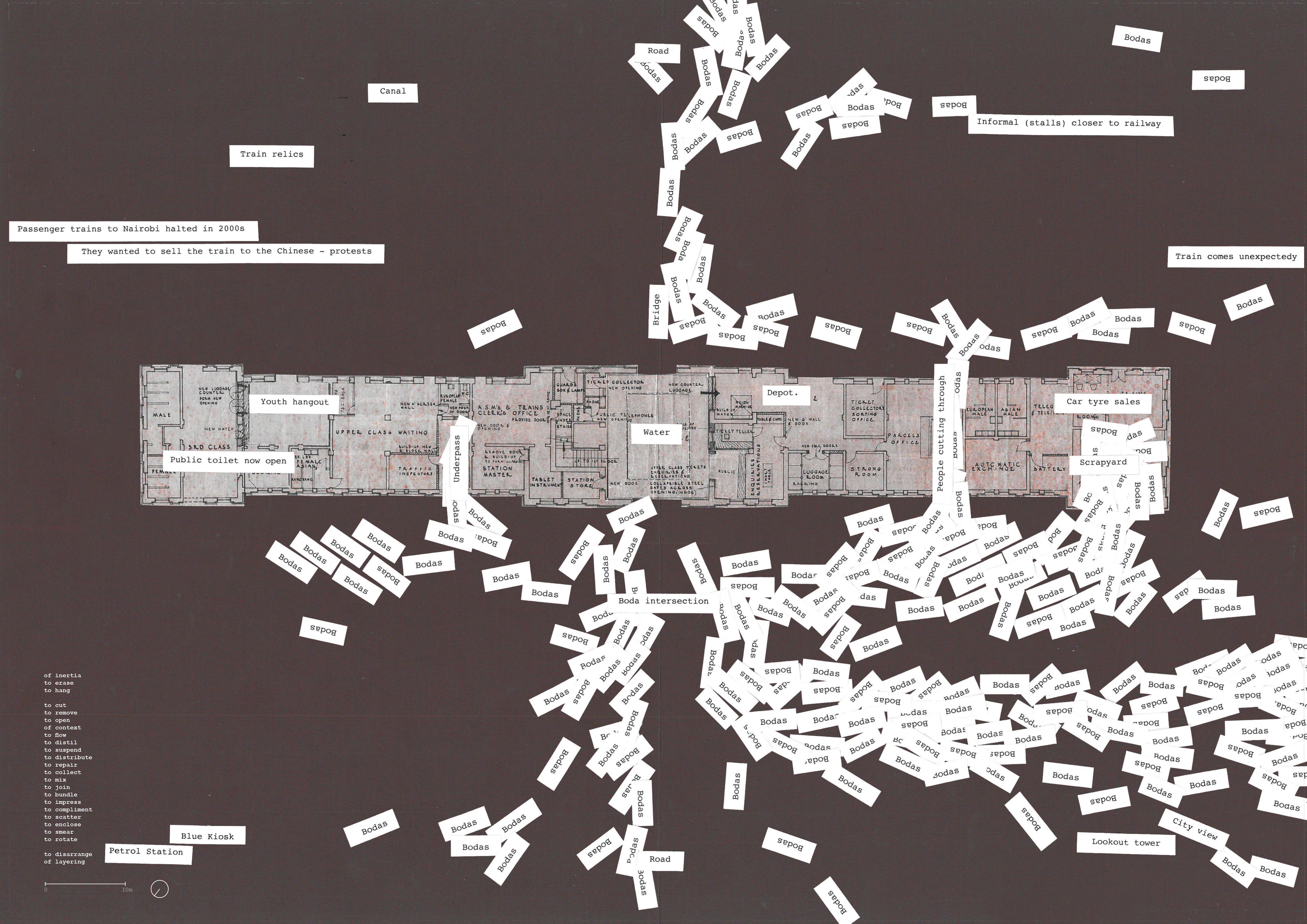 Editing Kampala Railway Station ground floor plan [paper collage] © Thomas Aquilina