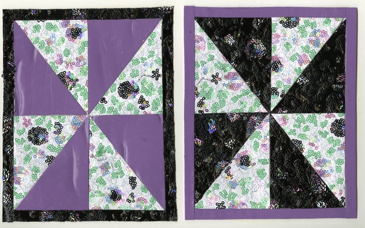 half-square triangle x8, 2022, Latex paint, sequins on paper 11” x 17”