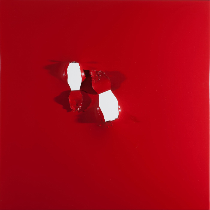 Shot Through 3, 2013, stainless steel with gunshot and pigmented paint, 24x24in