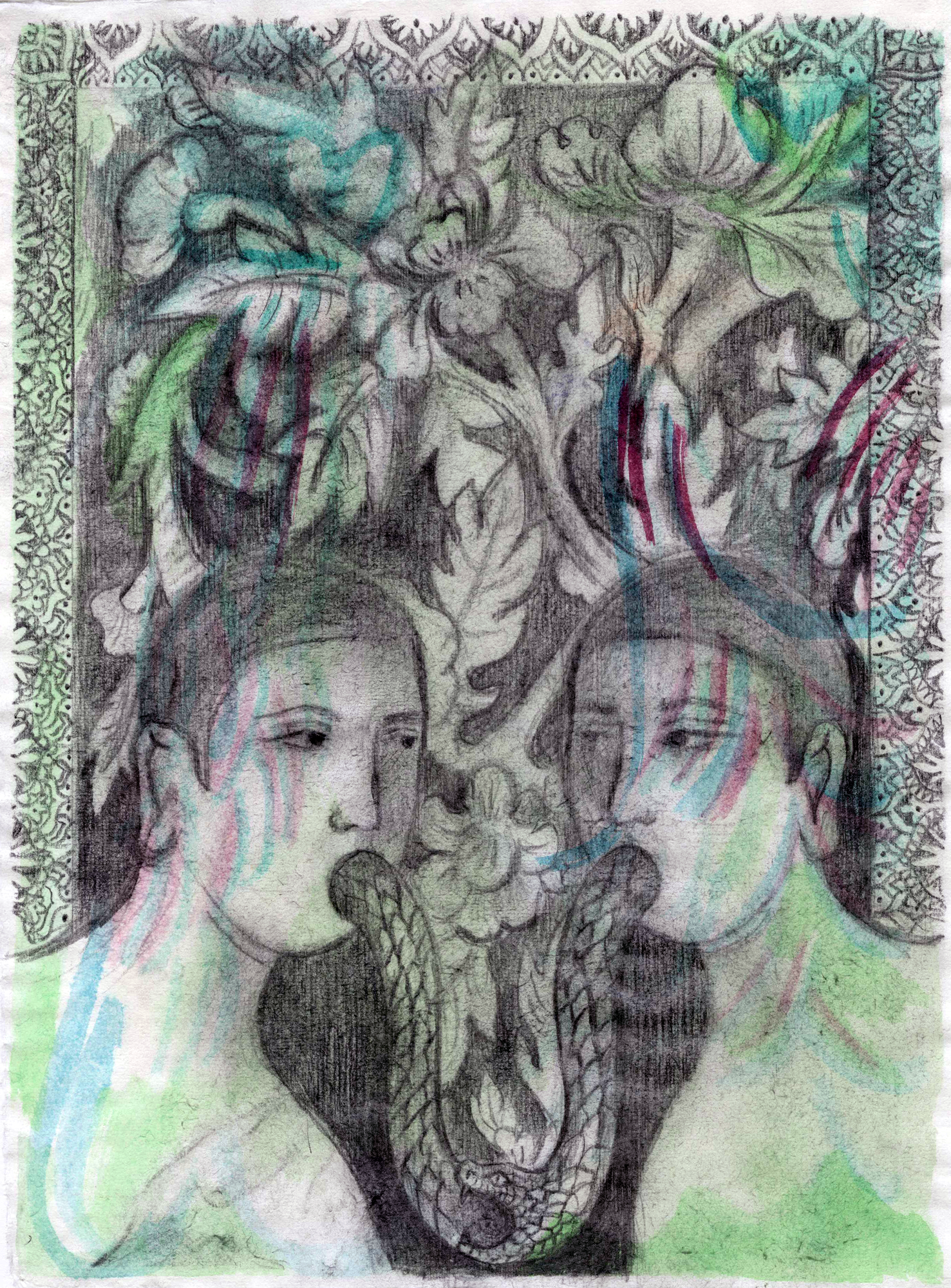 Untitled (Two As One), 2025. Graphite and watercolor on mulberry paper, approx. 9 x 12"