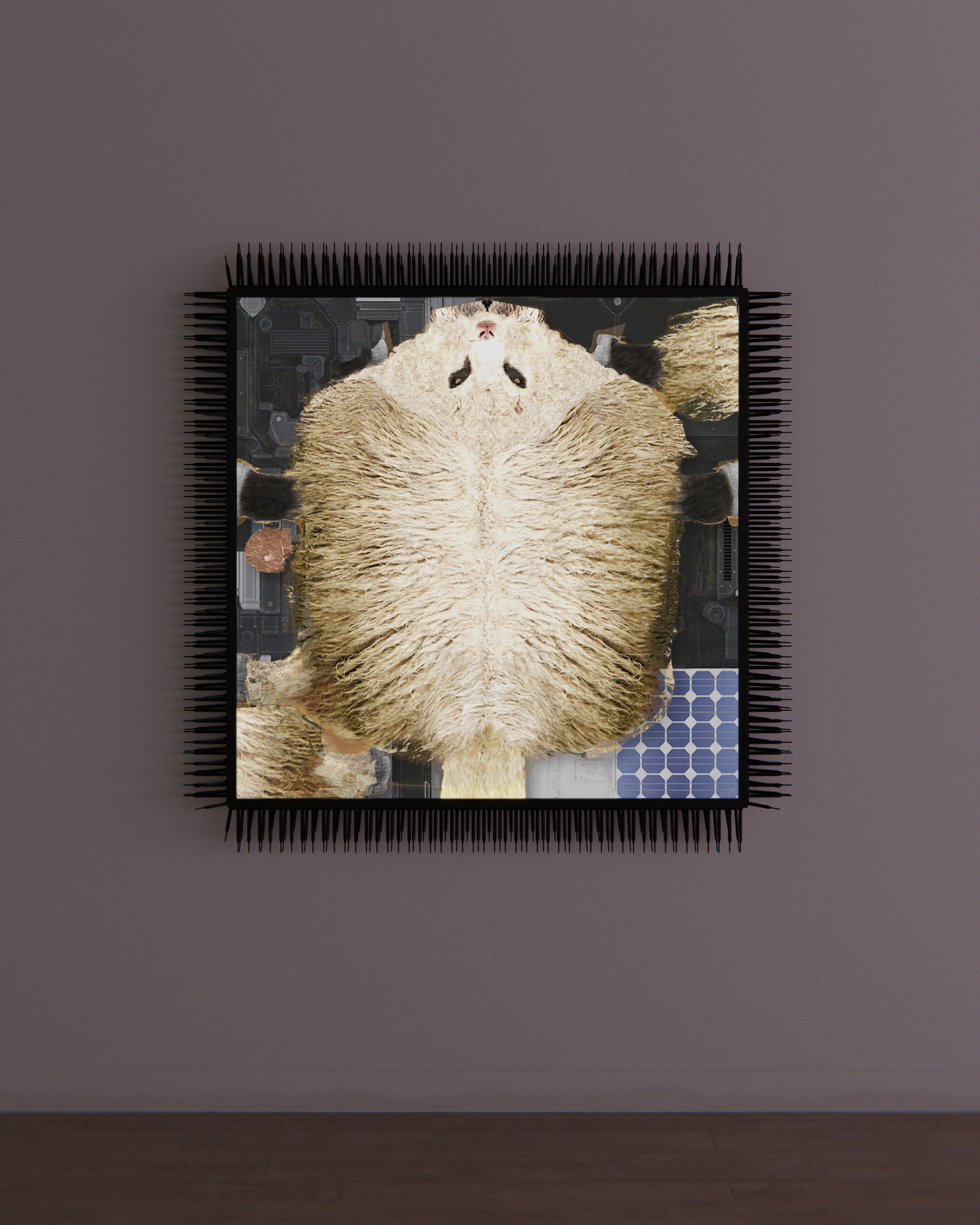 No map is complete without innumerable vast and empty spaces, 2024, thermoplastic bird deterrents, backlit inkjet print on vinyl, custom frame, 52 x 52 x 3 in. (132 x 132 x 9 cm)