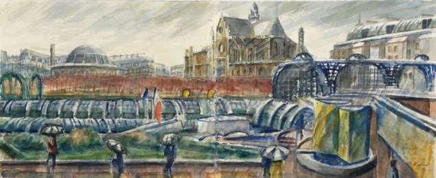 Regen bij de hallen Parijs 1999 - watercolor 22x53 cm