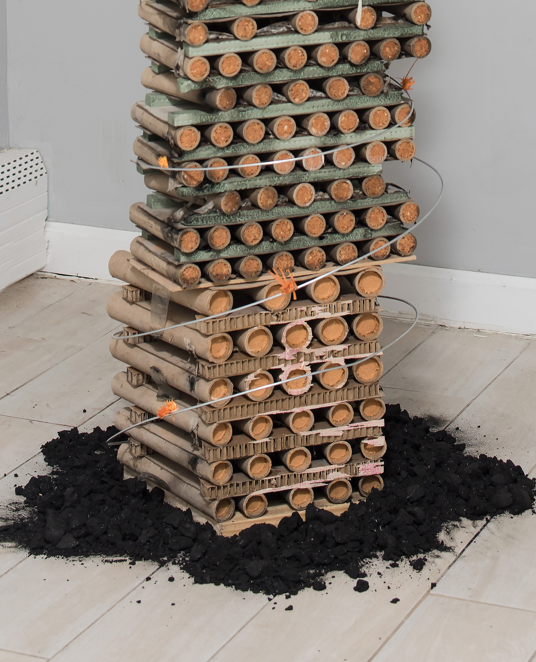 Fire Tower, 2023, Found firework refuse, charcoal, wire, wood, dried thistle, aquaresin (detail)