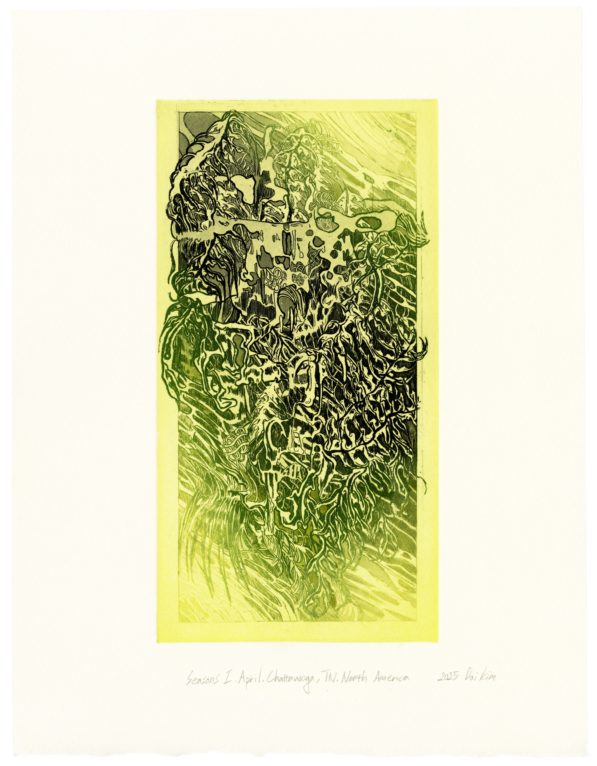 Seasons I: April, Chattanooga, TN, North America (2025), Ink on aquatint, Paper dimensions: 25.5 x 20 cm / 10 x 7.8 in, Image dimensions: 19.5 x 10 cm / 7.6 x 4 in