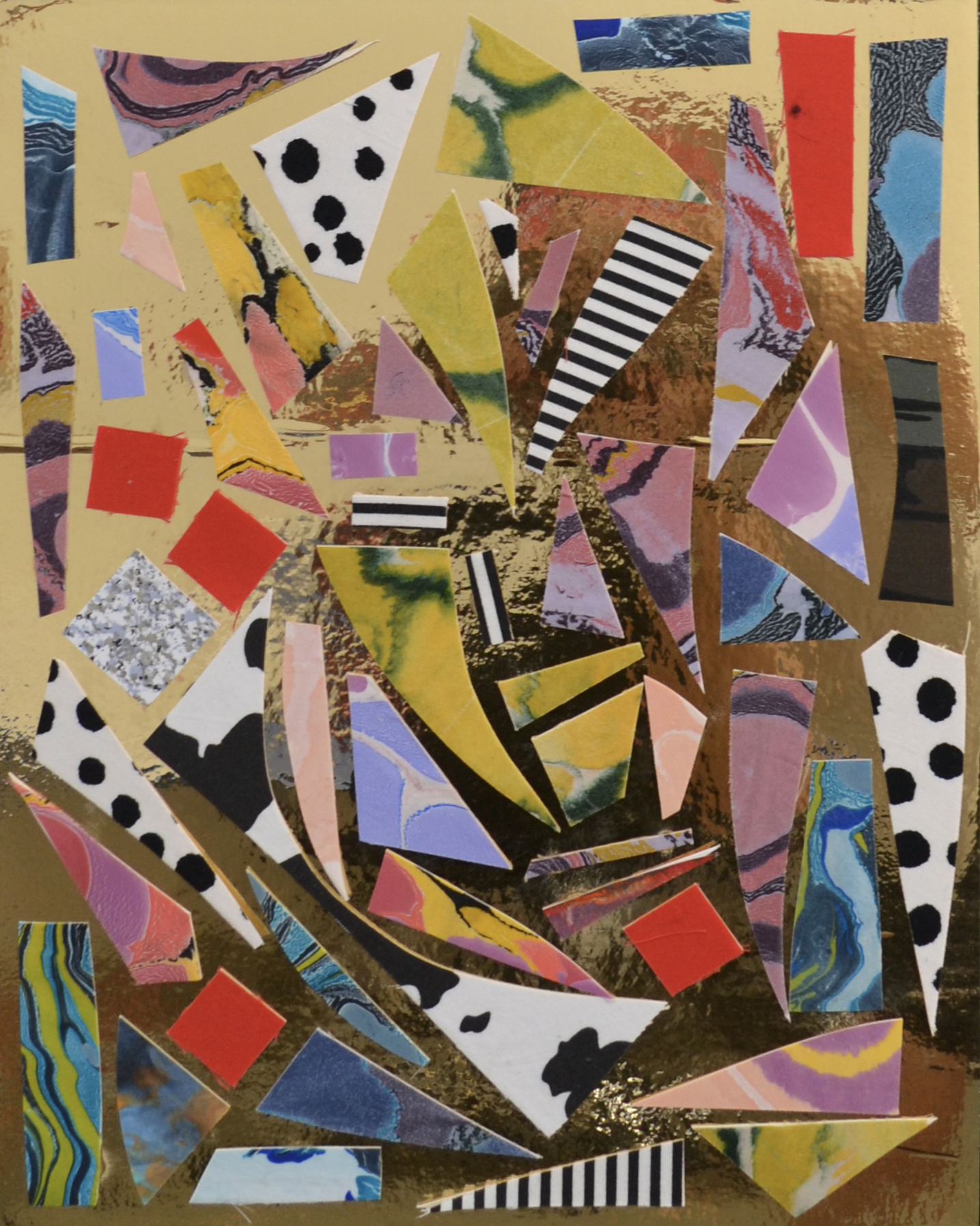 crazy patch IV, 2022, marbled cotton, marbled silk, printed cotton, vinyl on paper 11” x 14”