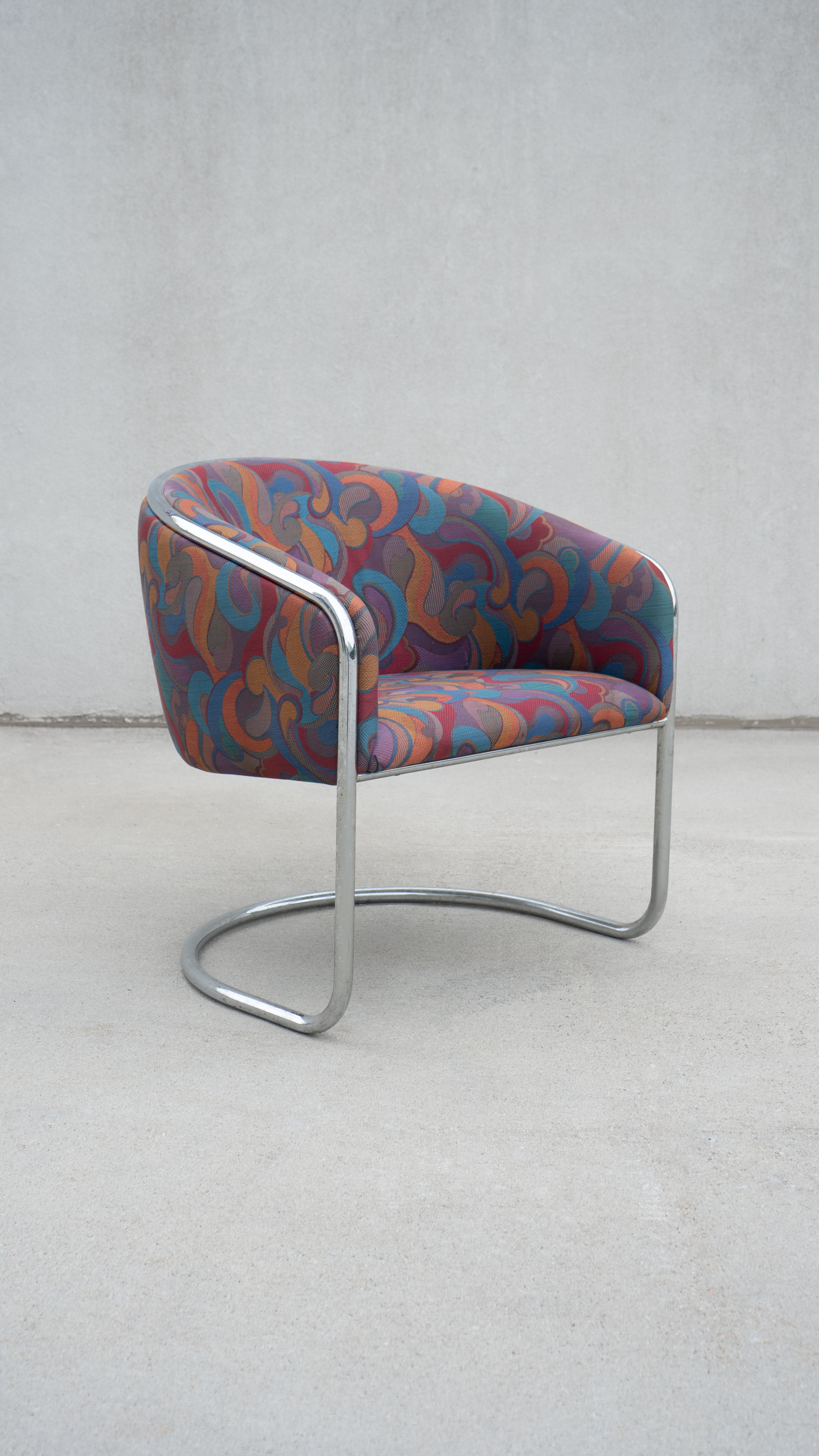 SWEETERFAT THONET CLUB TUB CHROME AND PAISLEY LOUNGE CHAIR, CANTILEVER LOUNGE CHAIR BY JOAN BURGASSER FOR THONET
