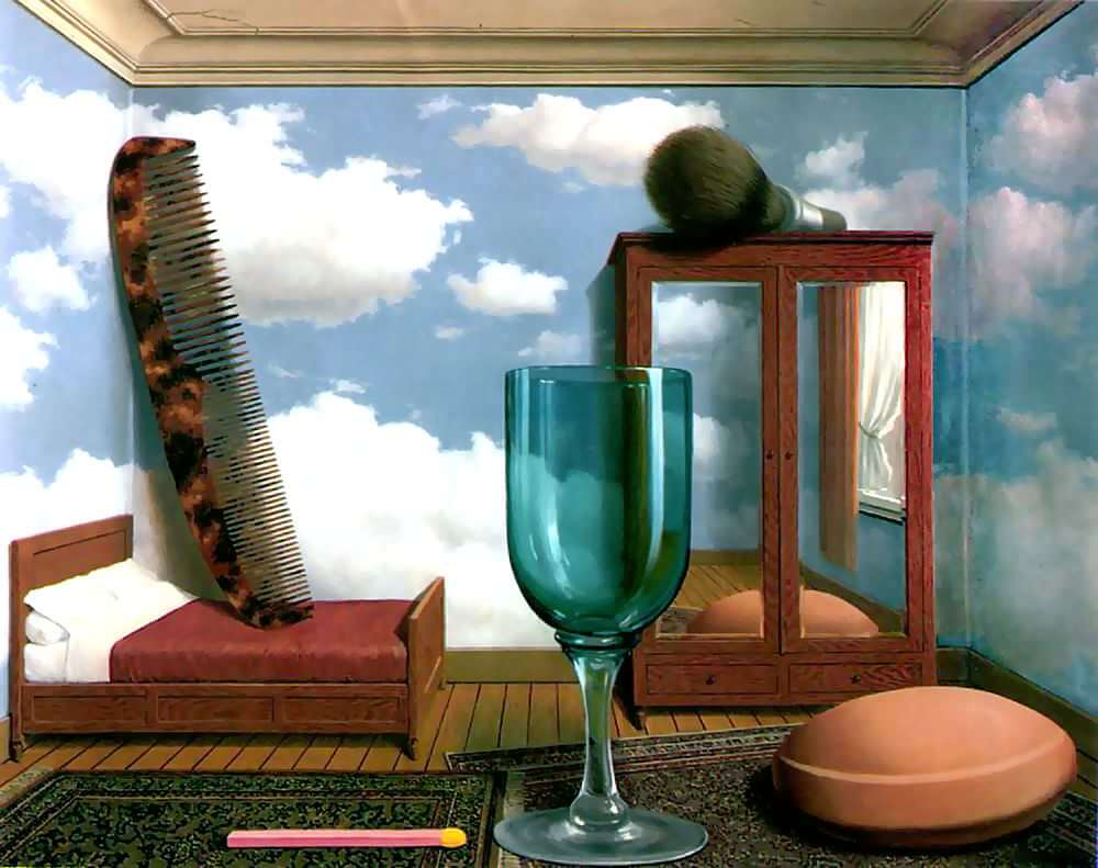 Magritte’s Personal Values, a surrealist painting of a bedroom with an extremely large comb, makeup brush, match and wine glass.