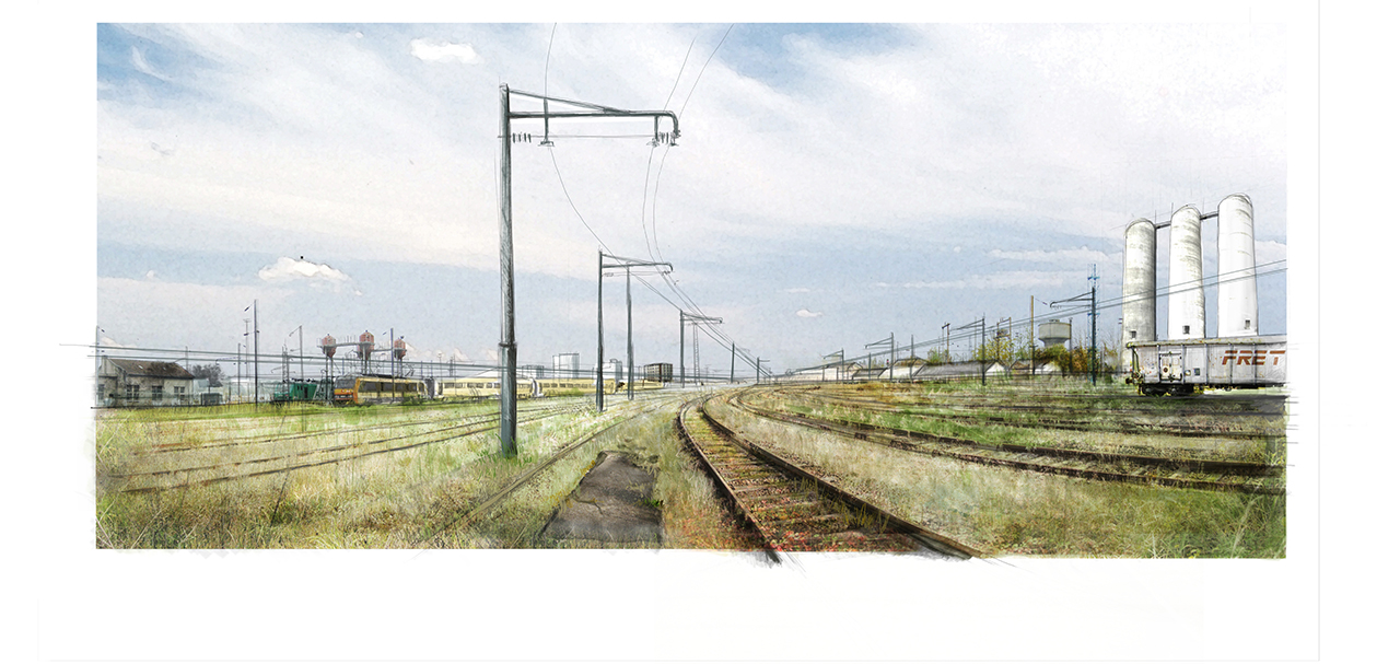 Perspective finale de paysage pour le Projet de Fin d'étude de Iris Chervet - "Caravansérail" Projet de requalification paysagère d'une friche ferroviaire - Master recherche - ENSAPVS - Février 2014 - Sous la direction de Alain Pelissier, Sylvie Salles et Rémi Lacau