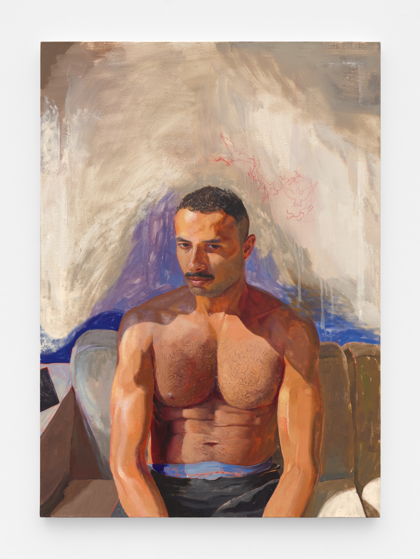 Couch comrade (study), 2025, Oils, gouache, color pencil on canvas, 30x42"