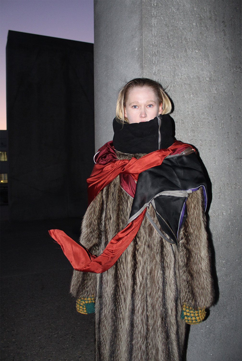  Mari in “dozen drape” styling experiment (draped deadstock zippers and various silk scraps and cotton moleskin scrap)  shot in New York, NY 2022