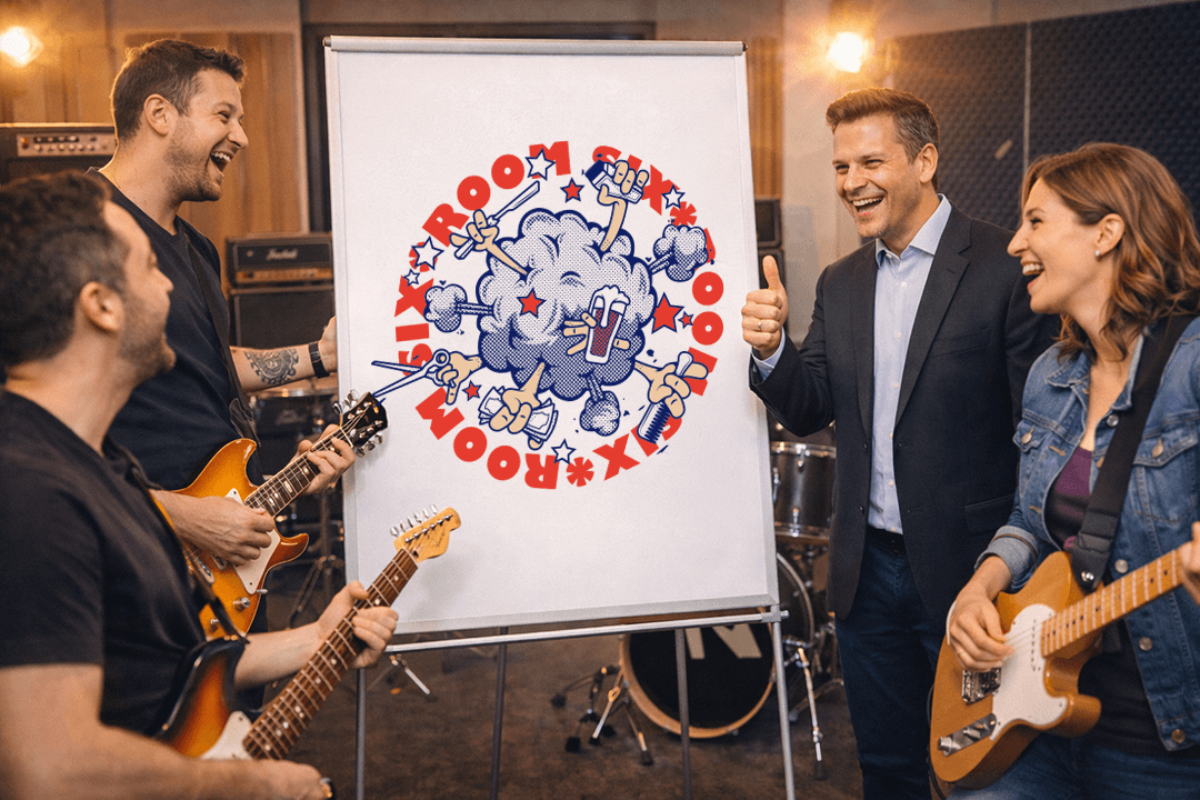 Cheesy stock photo in a rehearsal studio: a band (guitar, drums) stands around a corporate-looking person in a blazer who is giving a thumbs up at a giant illustrated poster board. The poster shows colourful abstract art with no readable text. Everyone is overly enthusiastic, staged, bright lighting, slightly uncanny AI vibe, wide banner, no logos.