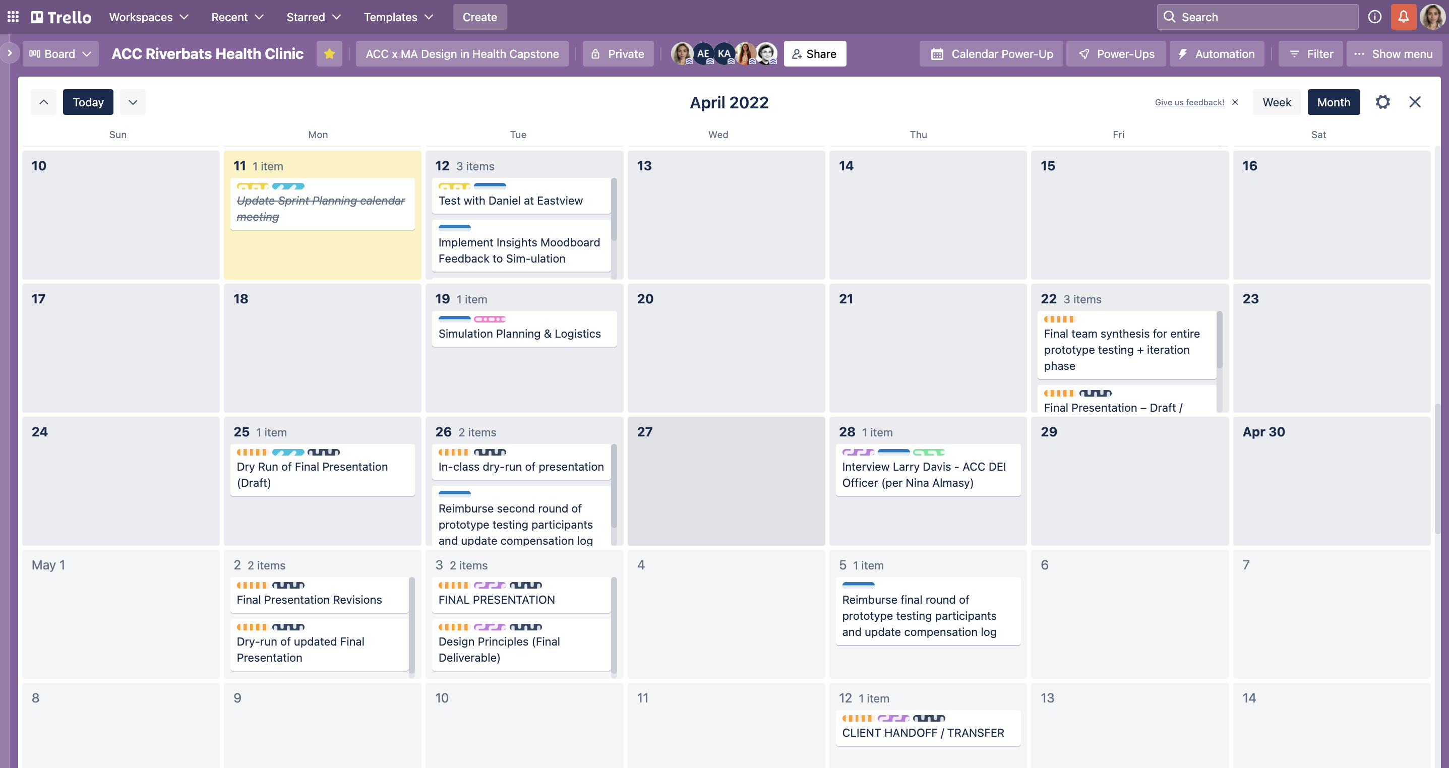 Project Management Board, Calendar View (Trello)