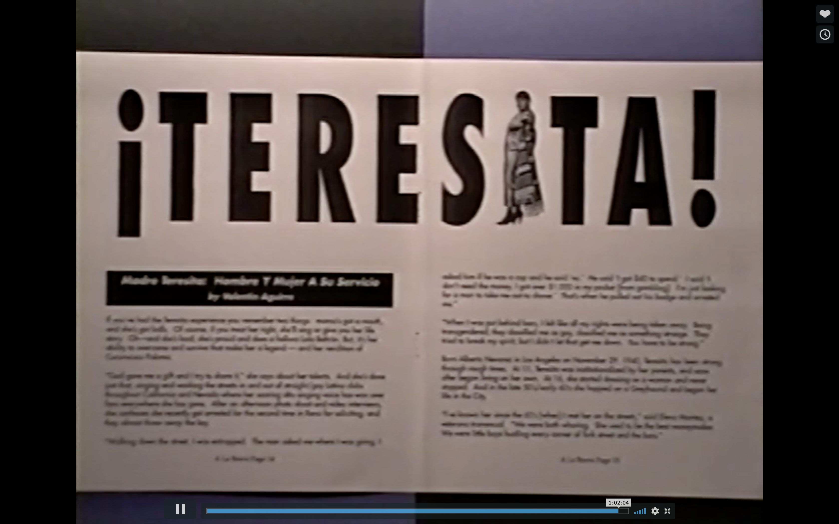 An article about Teresita written by Tina from a zine produced by Jaime Cortez named 'A La Brava' (1996).