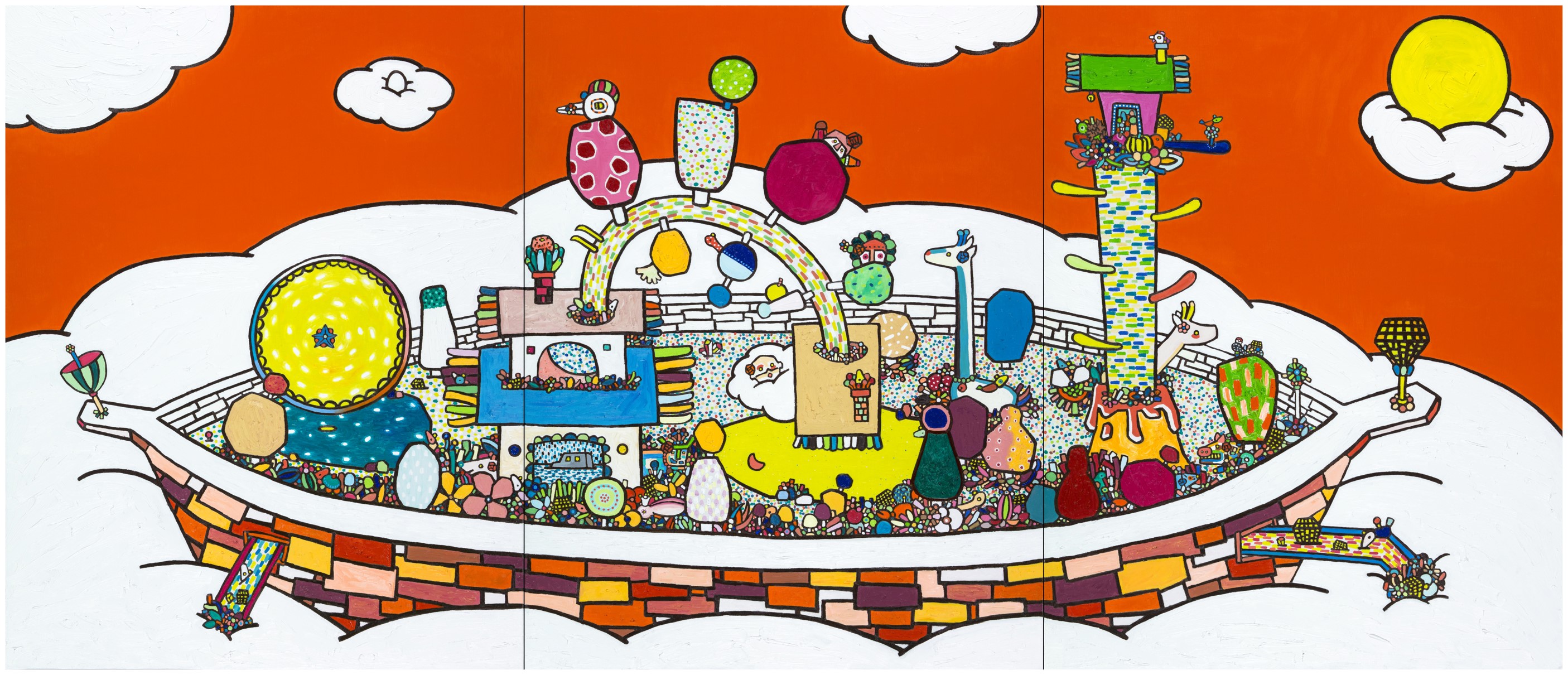 方舟上的奇幻之旅。Fantasy journey on the ark。oil paint on canvas Cm273x117 2017