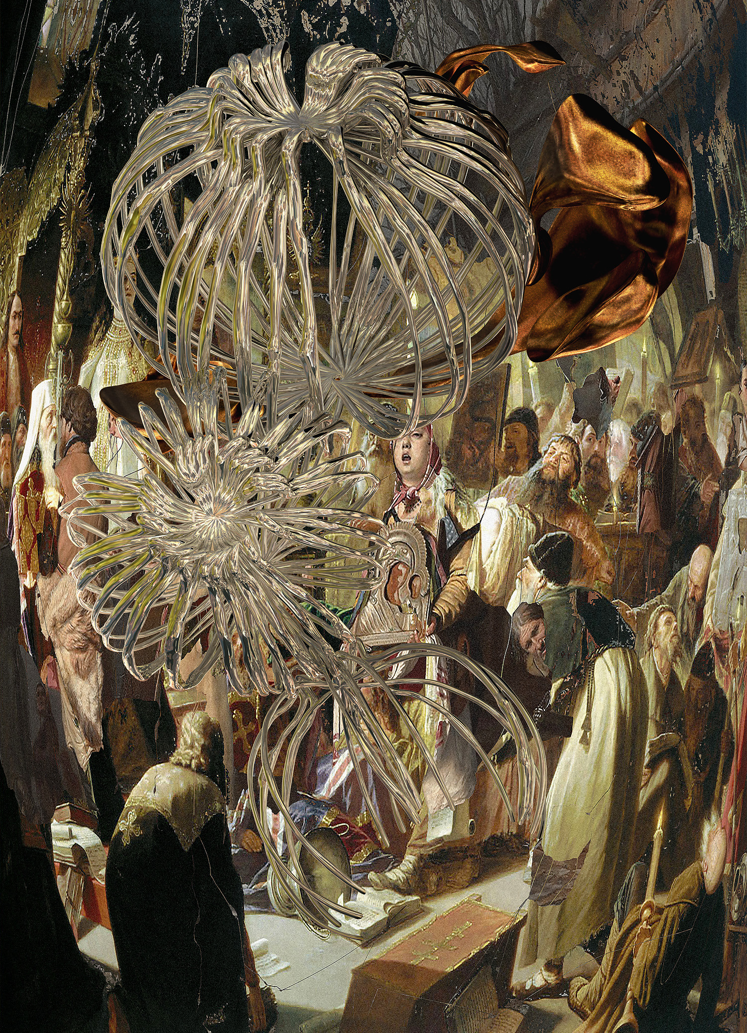 F. P., Acceptance: Boundaries VII, 2022. Sampled from works of Vasily Perov (1834–1822), Nikita Pustosviat. Dispute on the Confession of Faith and Easter Procession.
