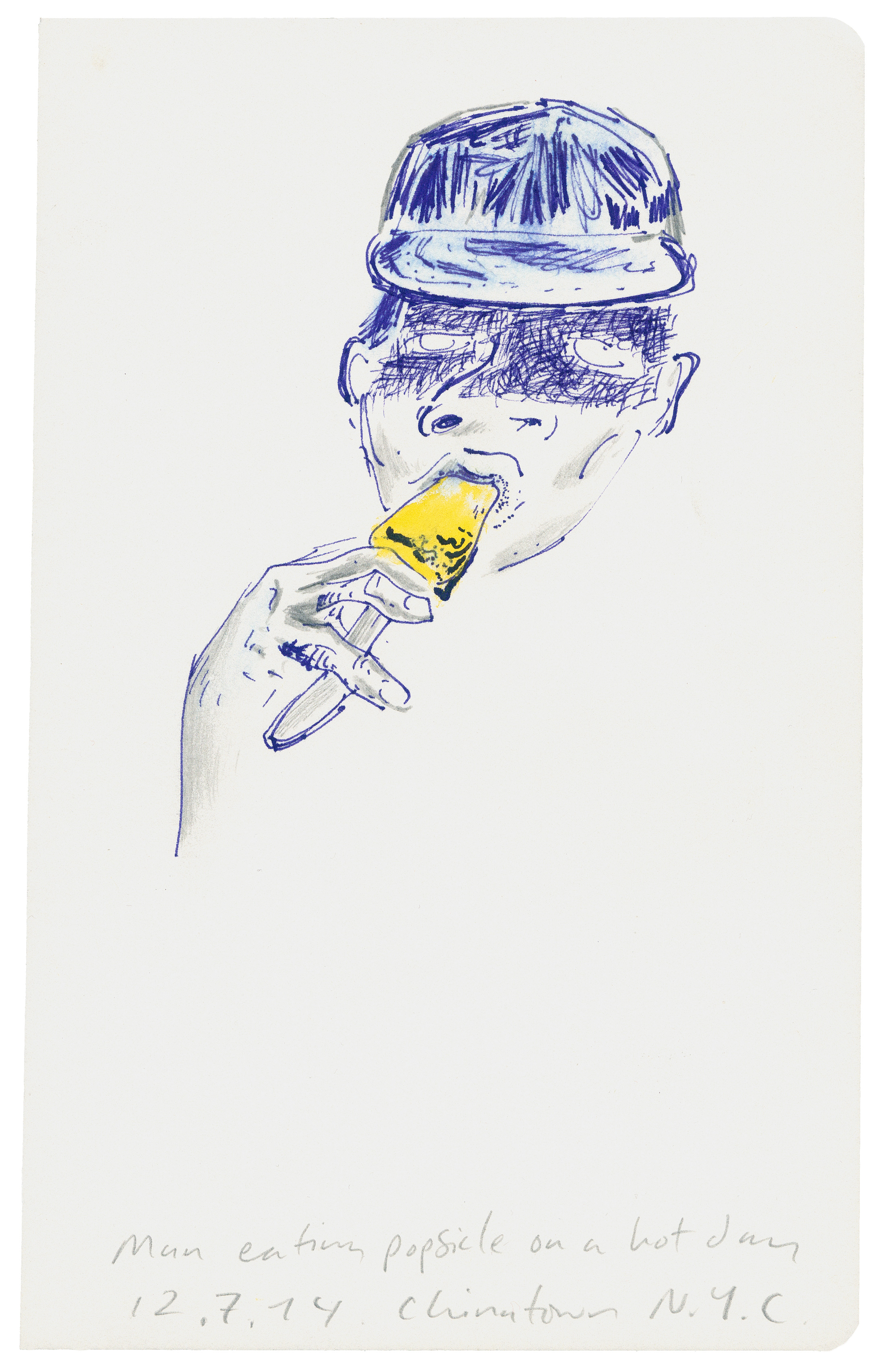 Man Eating A Popsicle On A Hot Day, 2014, pencil, felt-tipped pen and watercolor on paper, 21 x 13 cm