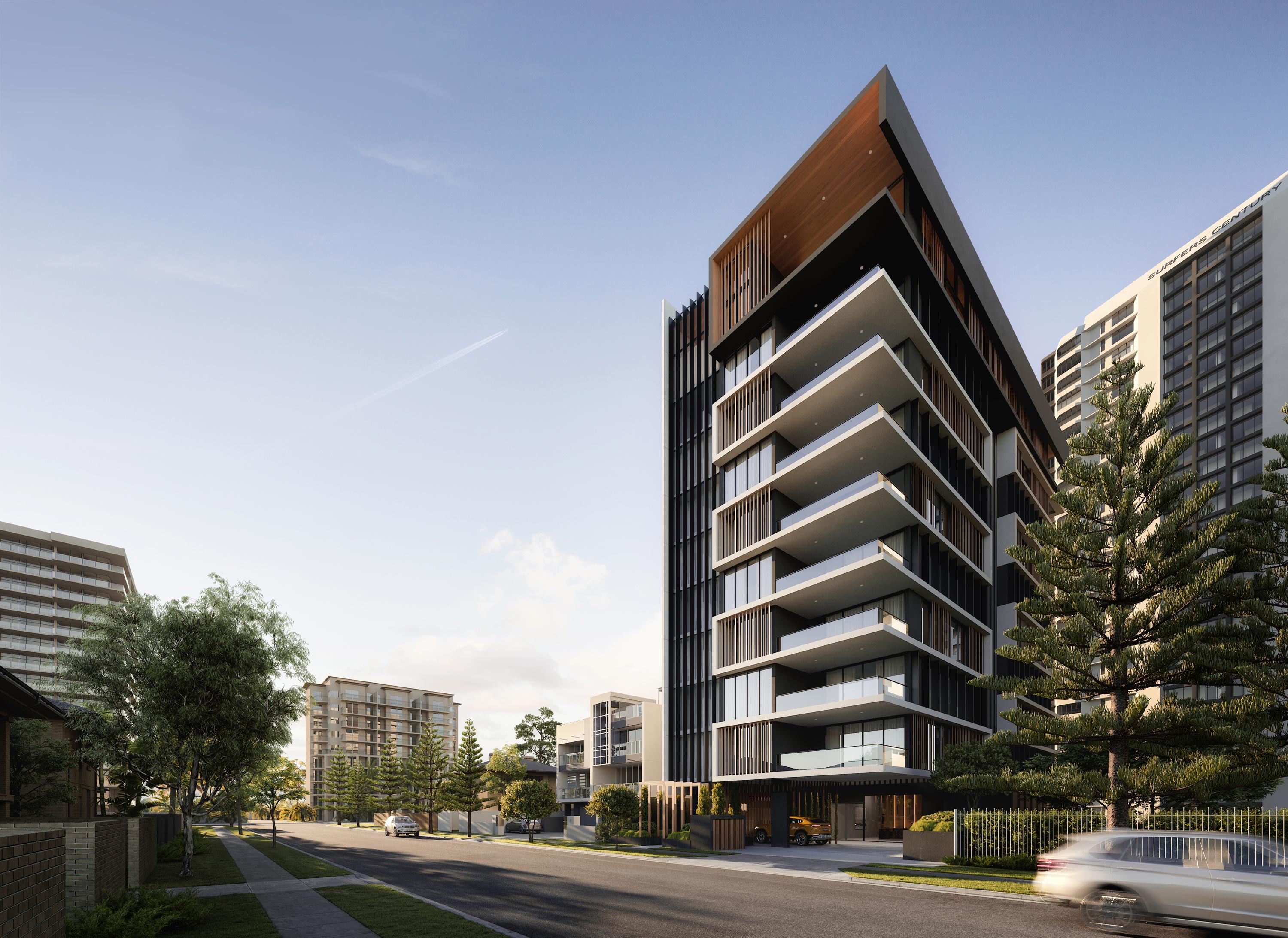 An artist's impression of a new city apartment building, showcasing modern architecture and urban living.