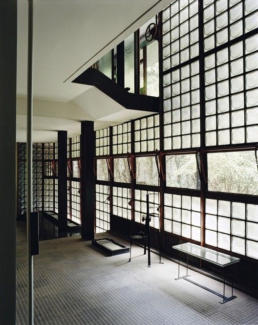Image of the bottom floor of the glass brick building.