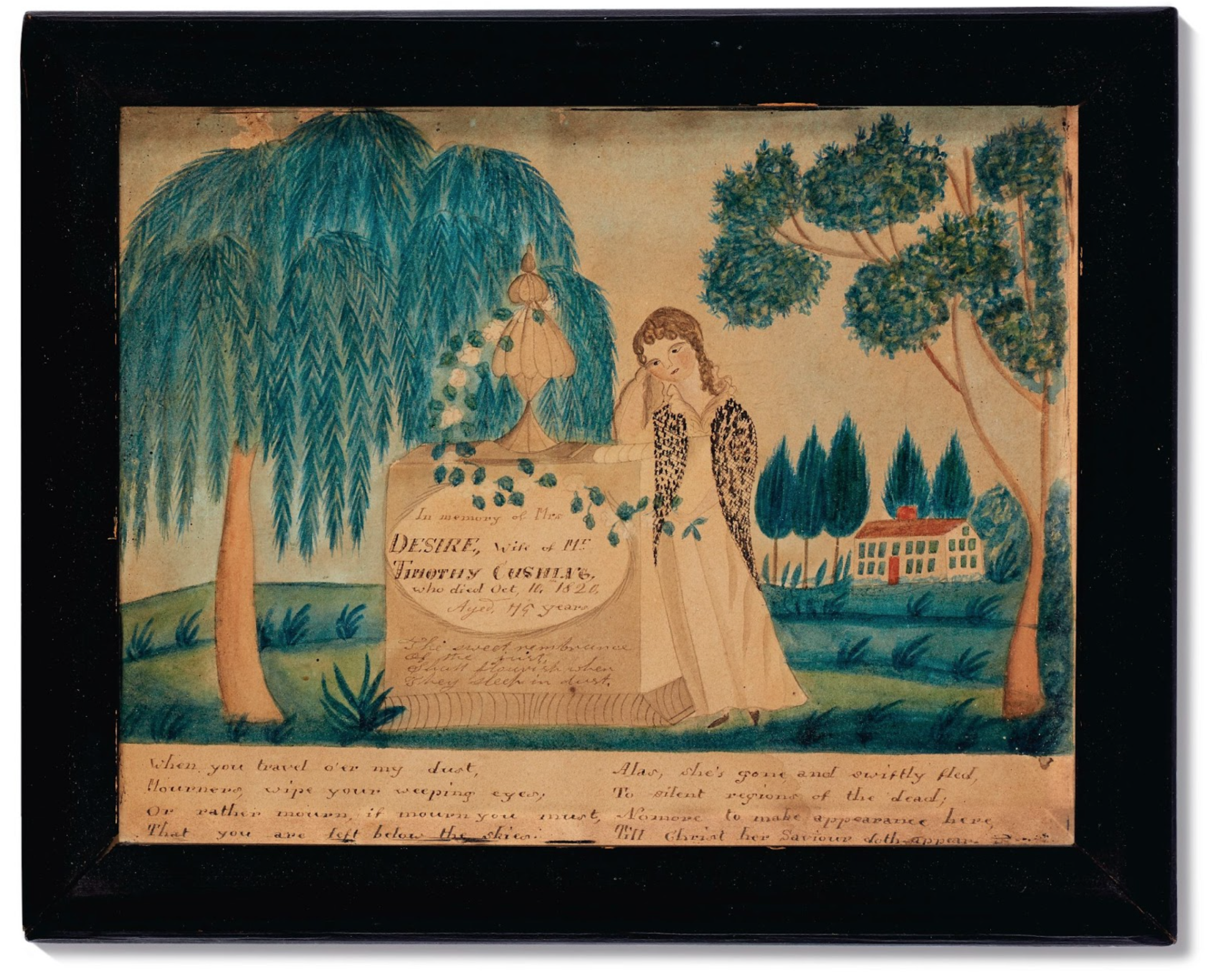 Town scene set within a black frame featuring young woman mourning next to a memorial shaded by weeping willow tree.