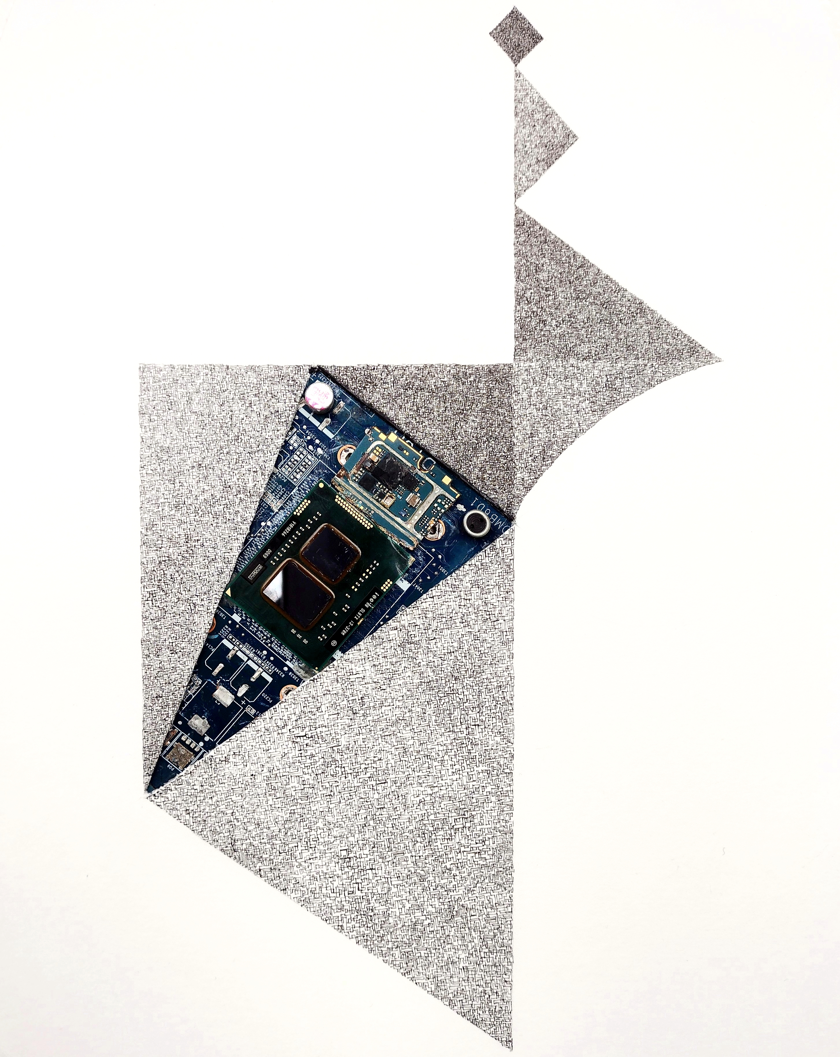 Domu (2021) 25 cm x 20cm. Ink, circuit board, screen, on paper