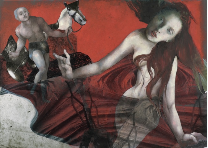 The Birth of AphroditeOil paint on paper, collage, 50 x 60cmSerie: Prometheus - The Battle of the Titans/Text: Franz FühmannPublisher: Hinstorff Verlag, Rostock, 2011