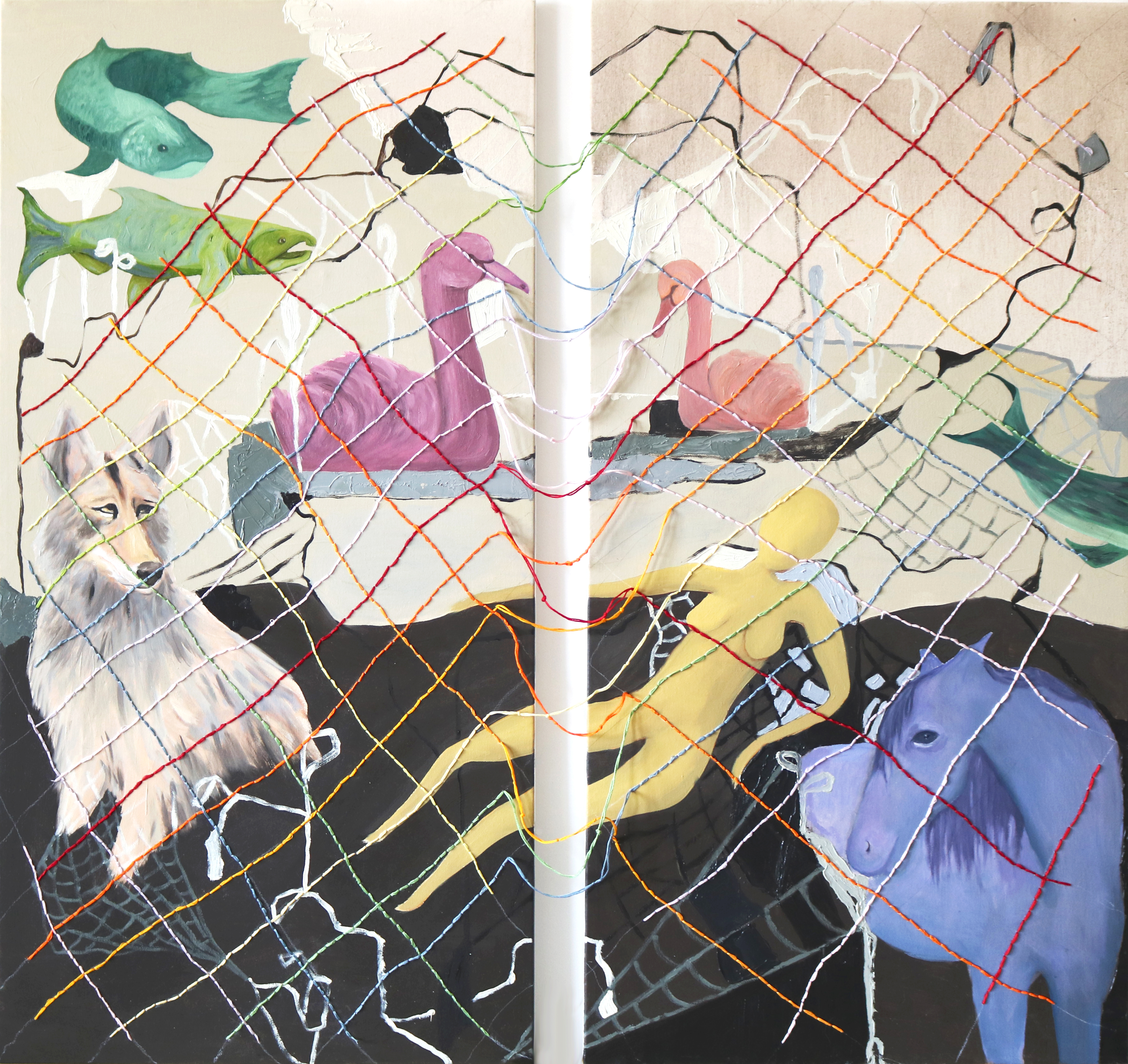 divine webAnn Haley + Harley Holidayoil paint and embroidery on canvas36 x 36 inches, diptych, 18 x 36 inches each2024