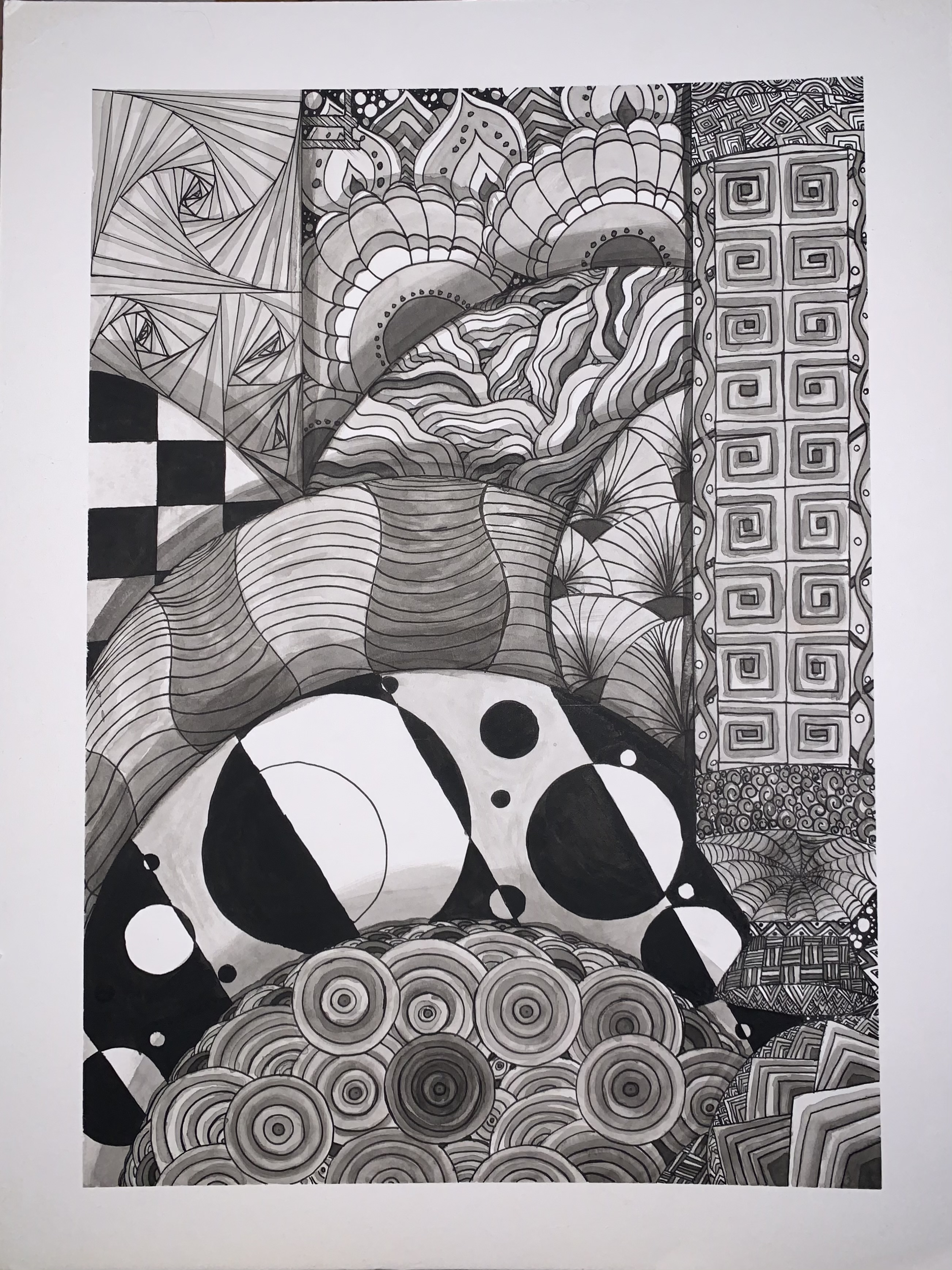 Aliyah Hernandez, winner of the Grasshopper Awards $150, Pattern Part1, 20in x 15in, Indian Ink