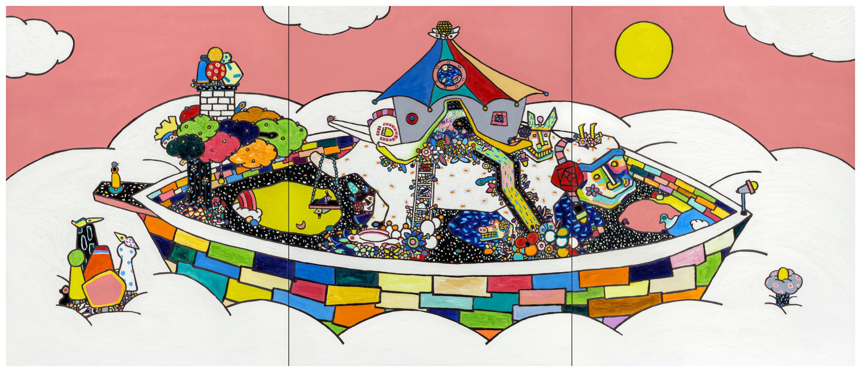 方舟上的魔法帳。The magic tent on the ark。oil paint on canvas Cm273x117/150F 2015 / Private collection