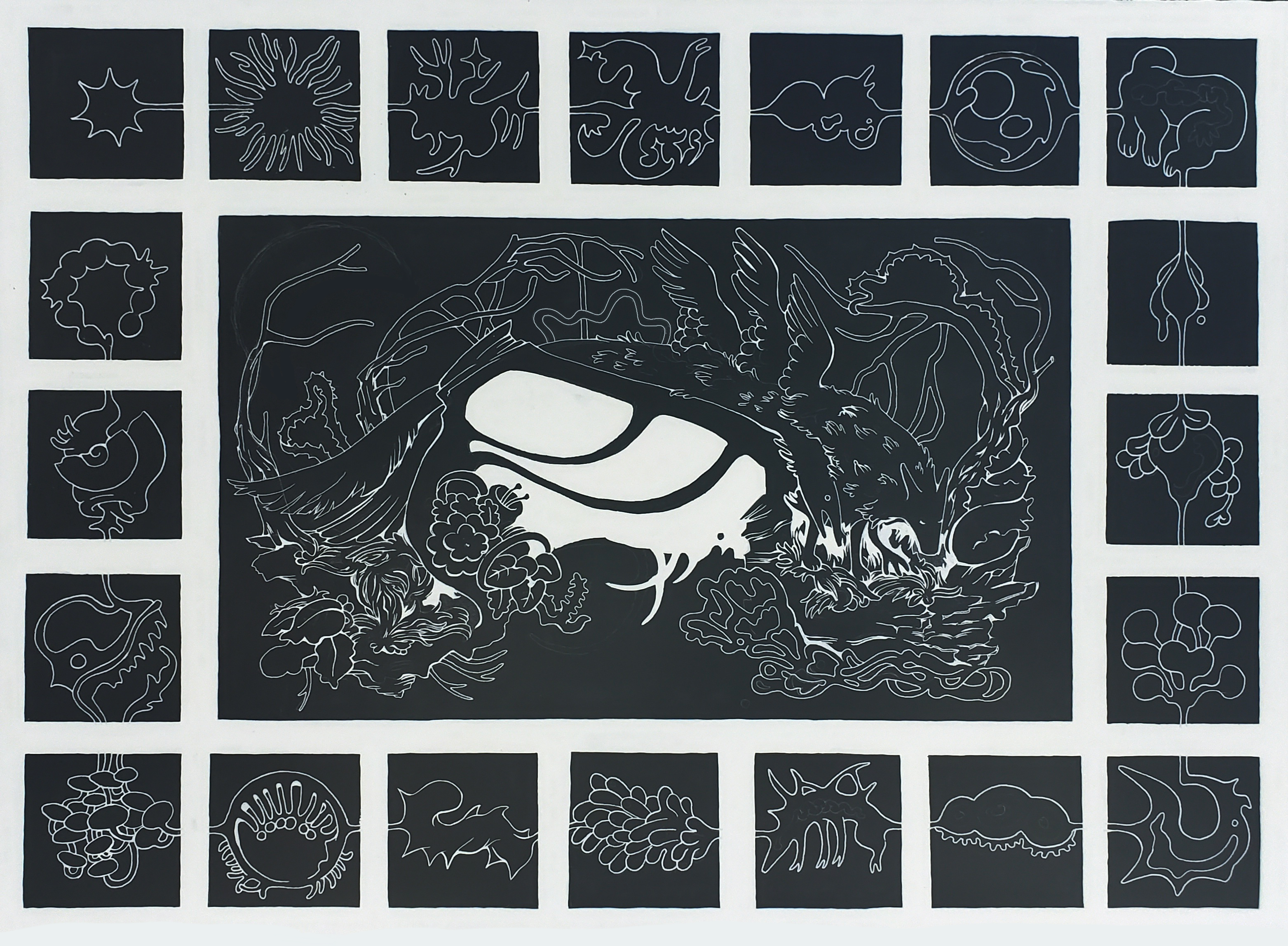 Metamorphoses endpaper, gouache and ink, 13.5x10.5 inches, 2023