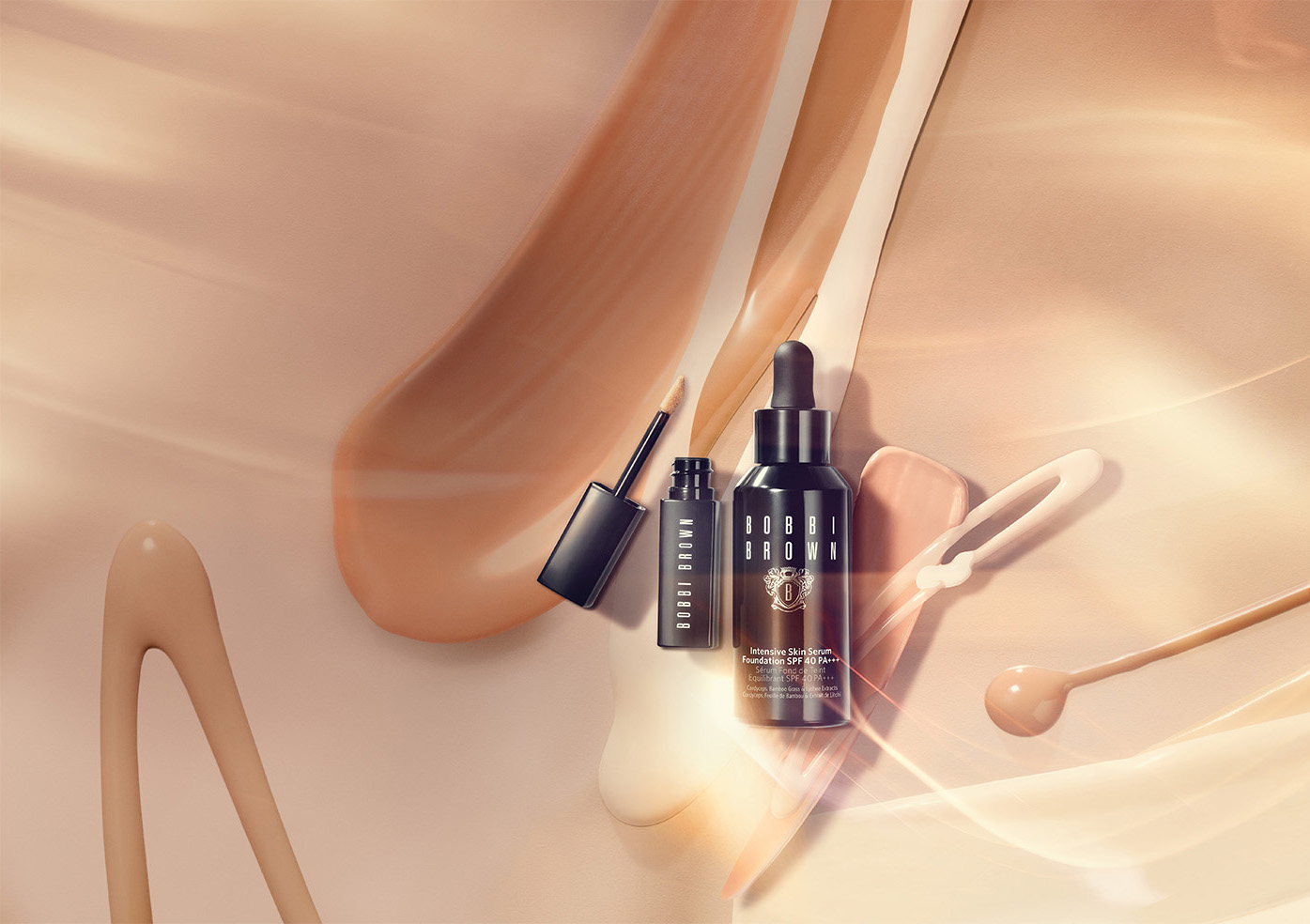 KMA prop stylist Sara Wacksman designs set for photo of many shades of Bobbi Brown foundation dripping onto a tan background