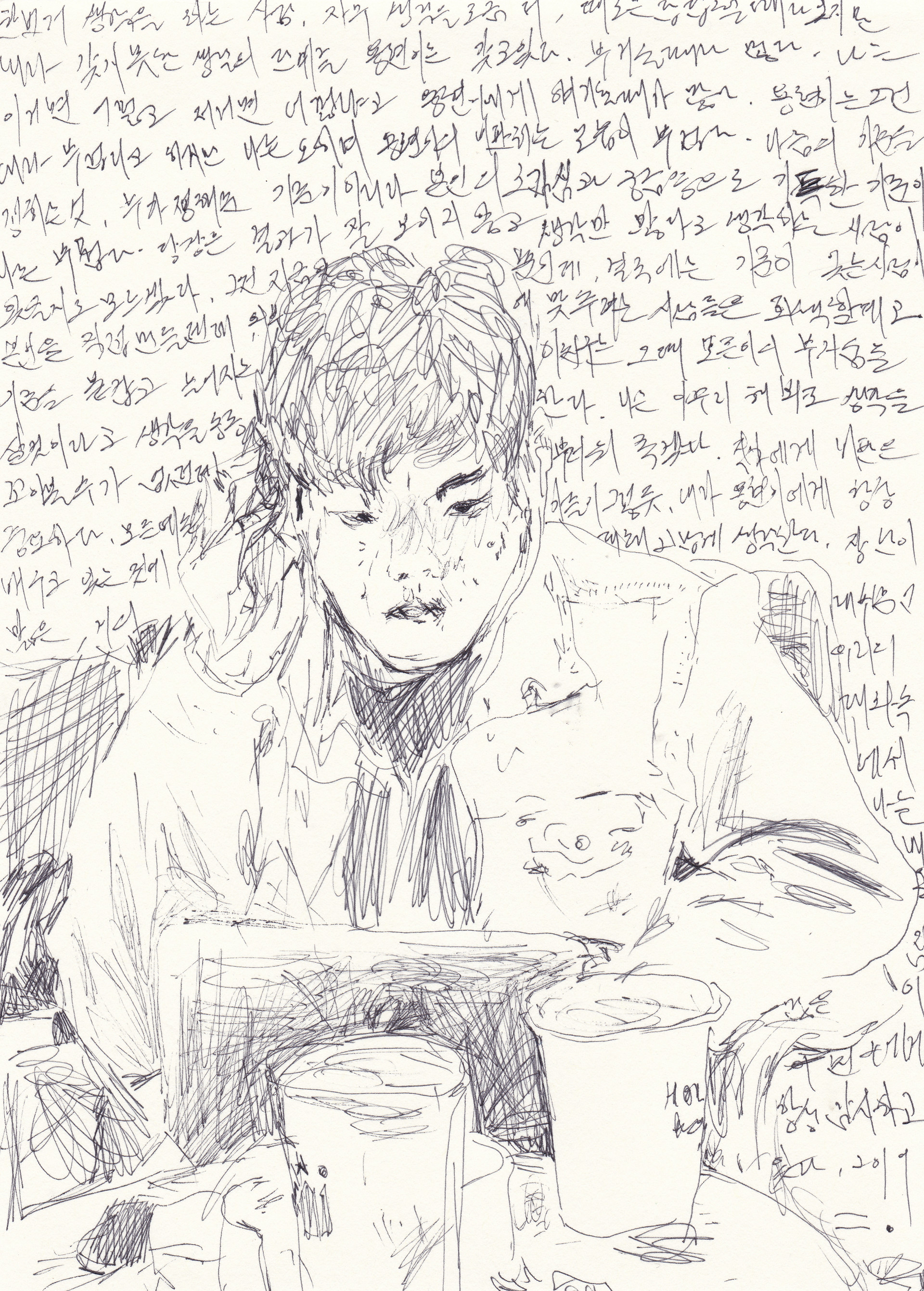 작업중인 친구, 2019, pen on paper, 21*14.8(cm)