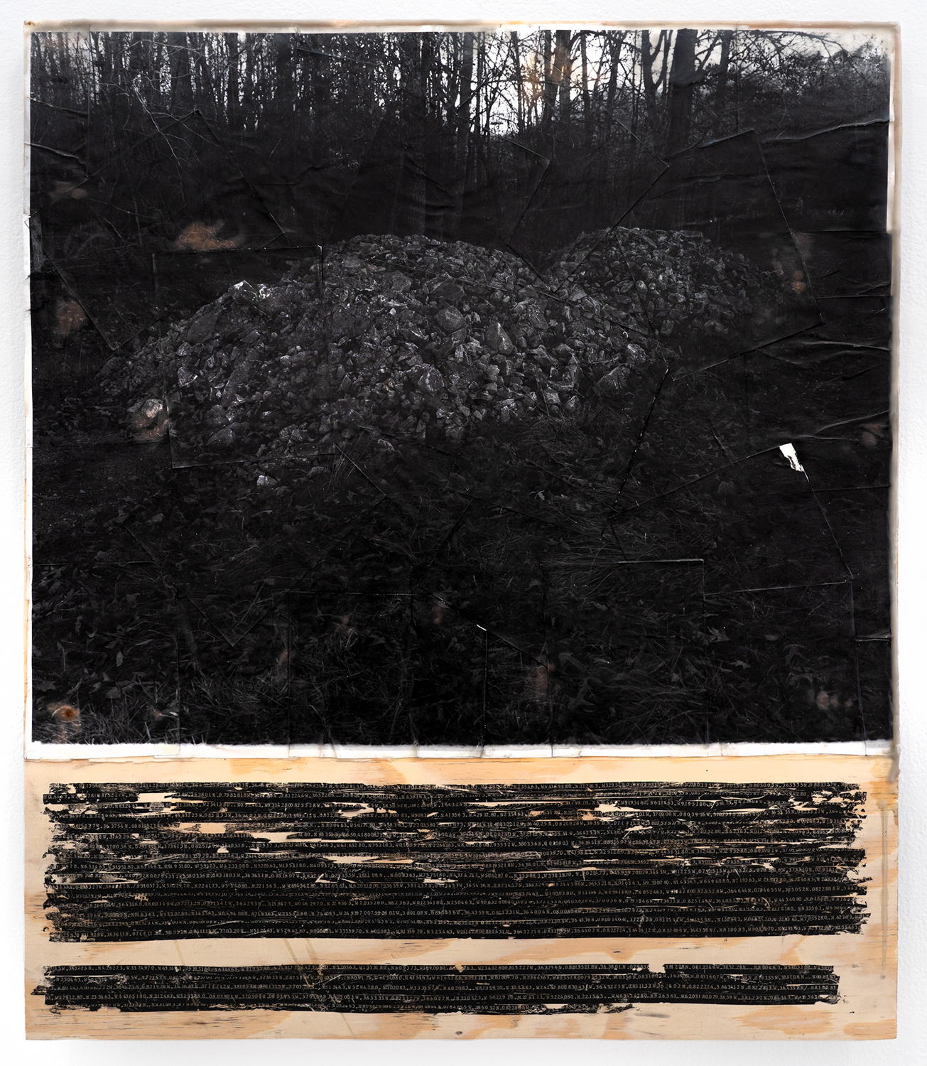 untitled (mounds on patrick's farm), 25x32" panel with silver gelatin prints on expired paper, typewriter ink, encaustic