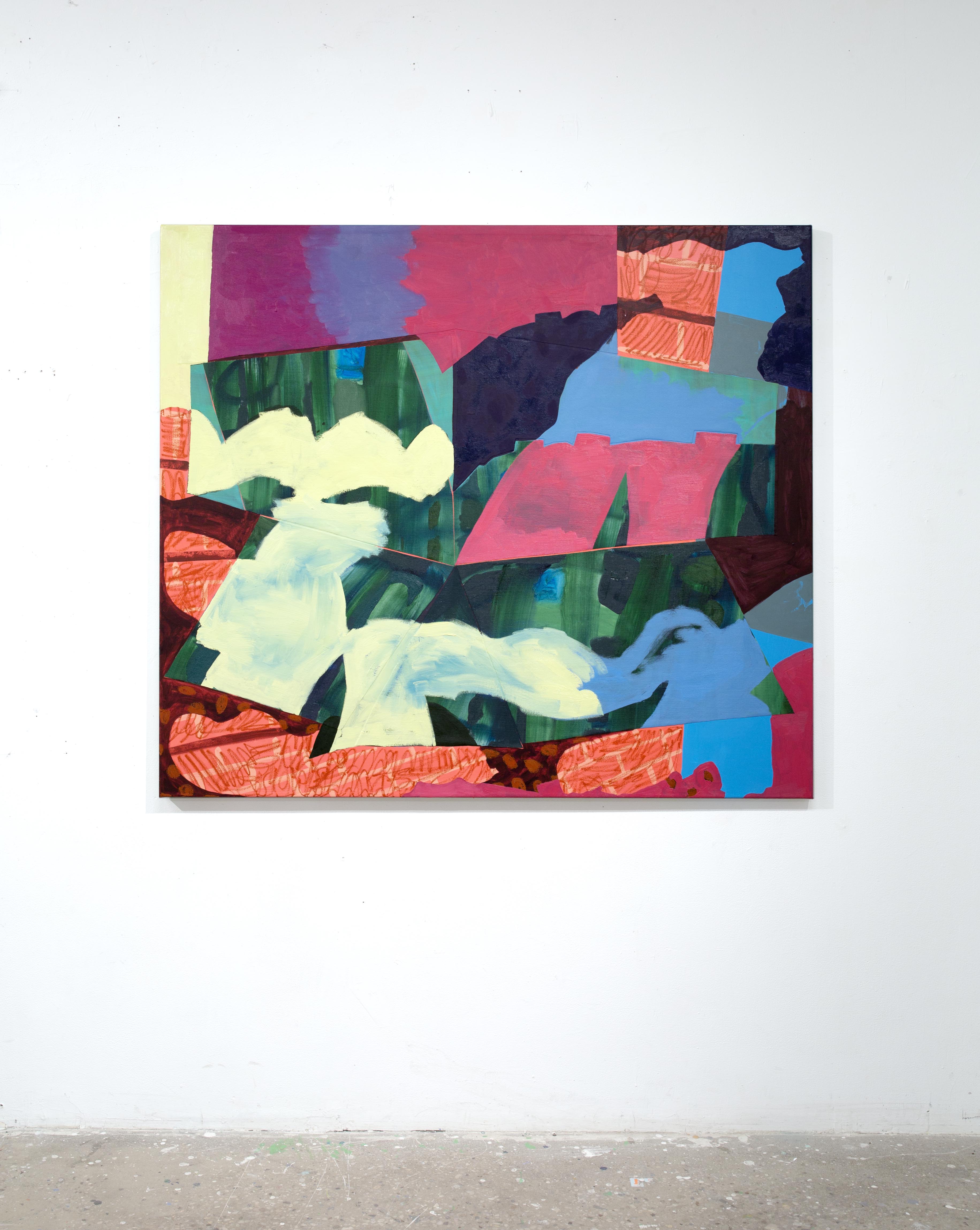 "Secret Garden", 2025, oil, acrylic and mixed media on collaged canvas, 48x56 in