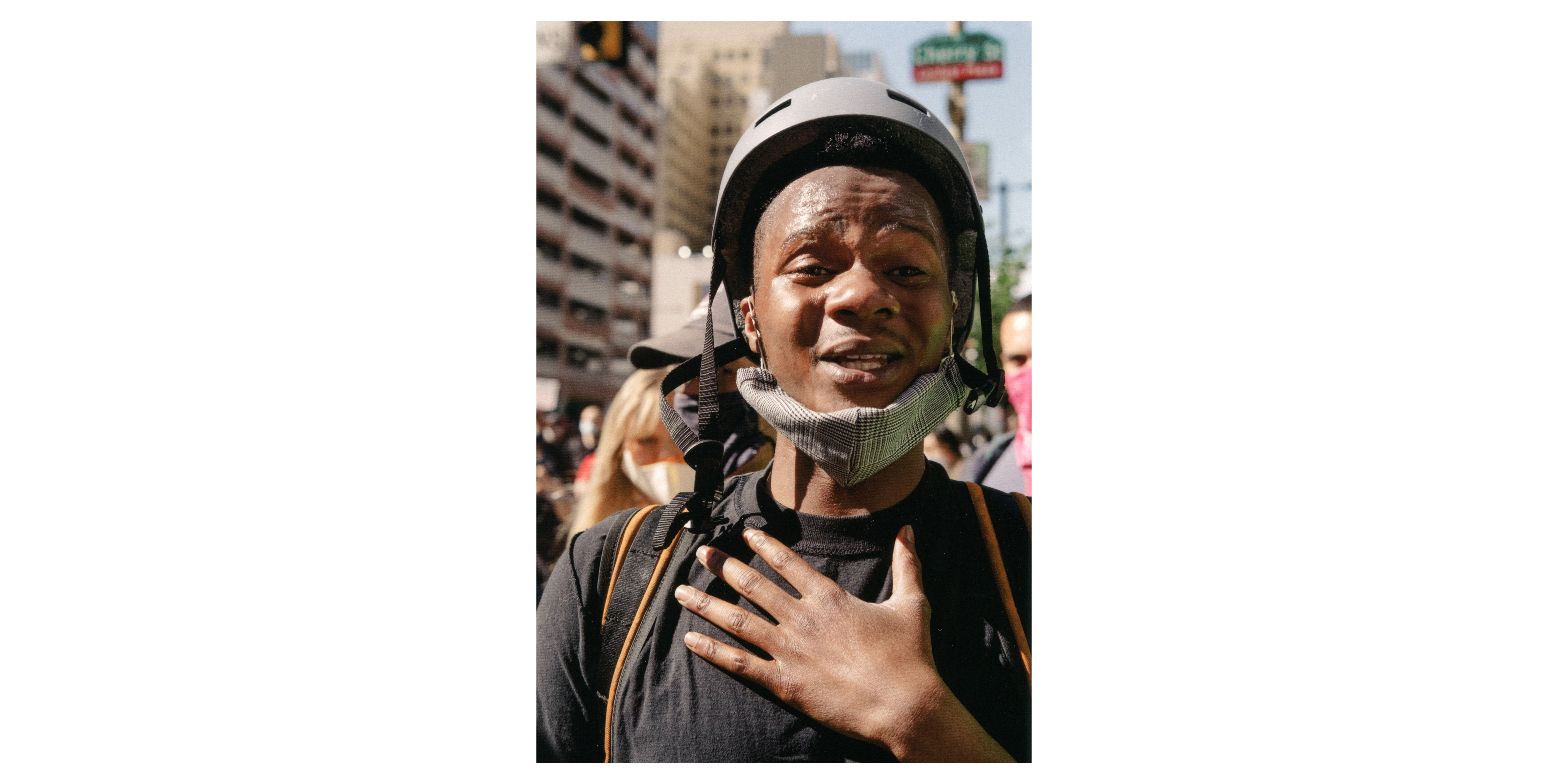 Young protester with his hand on his chest, Philadelphia, 2020