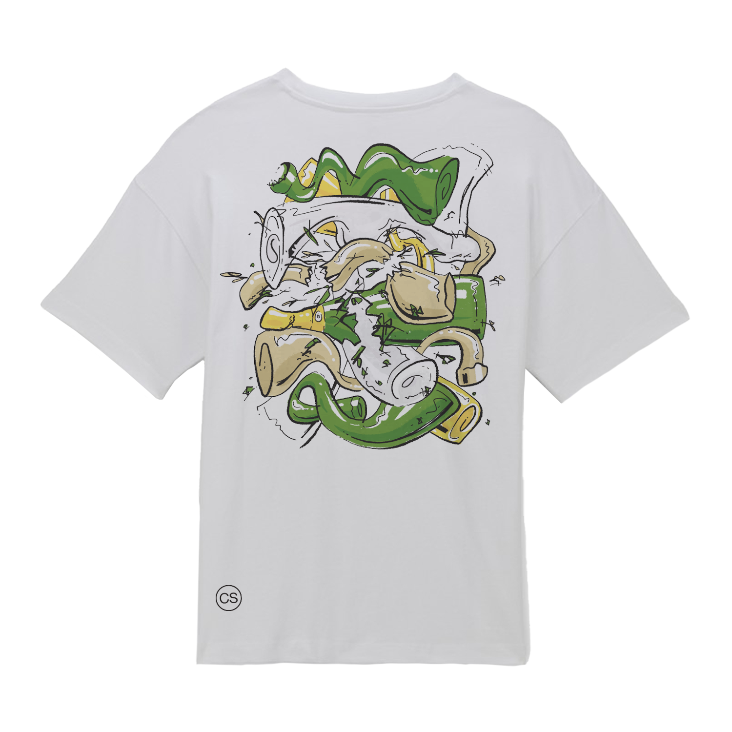 CHAMPAGNE STAINSDistorted Bottles, screen-printed Tee.