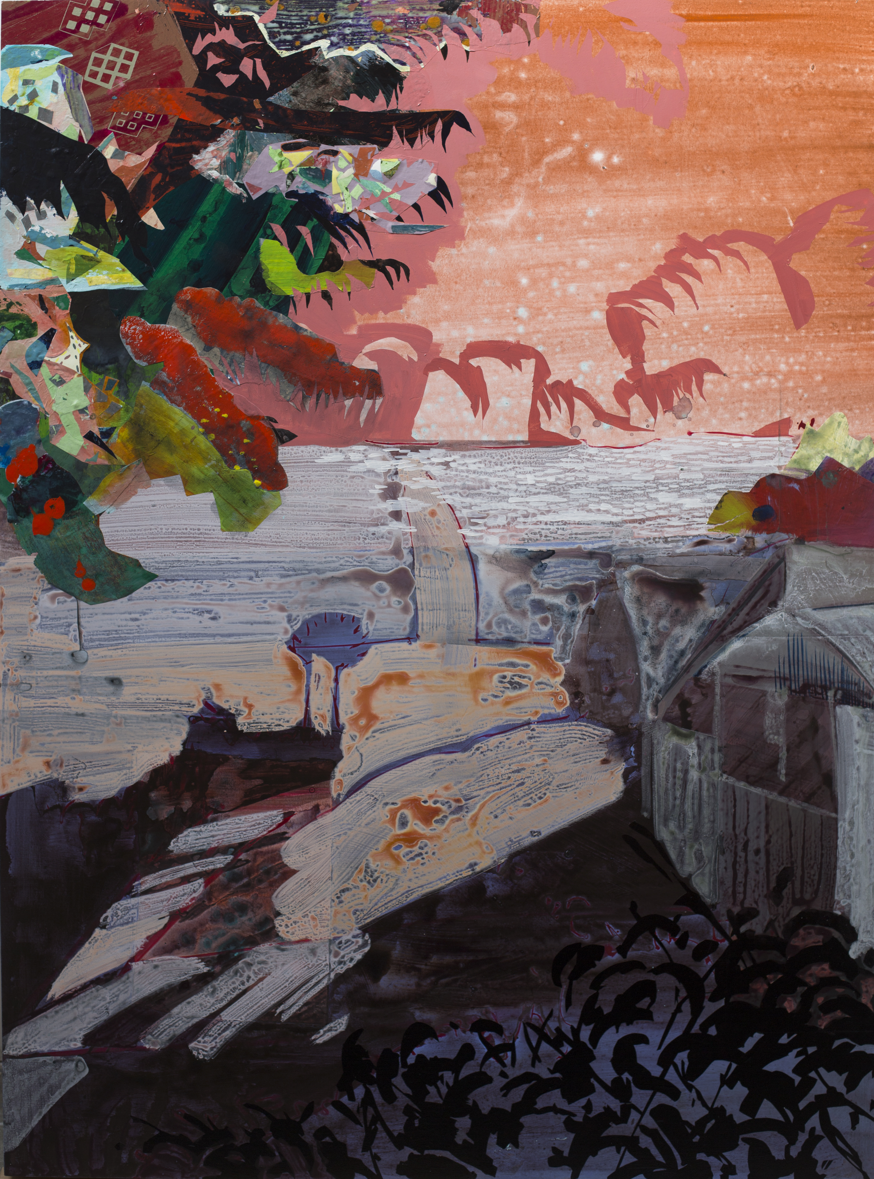  Mellano, Acrylic, paper and screen print on panel, 40”x54,”  2014