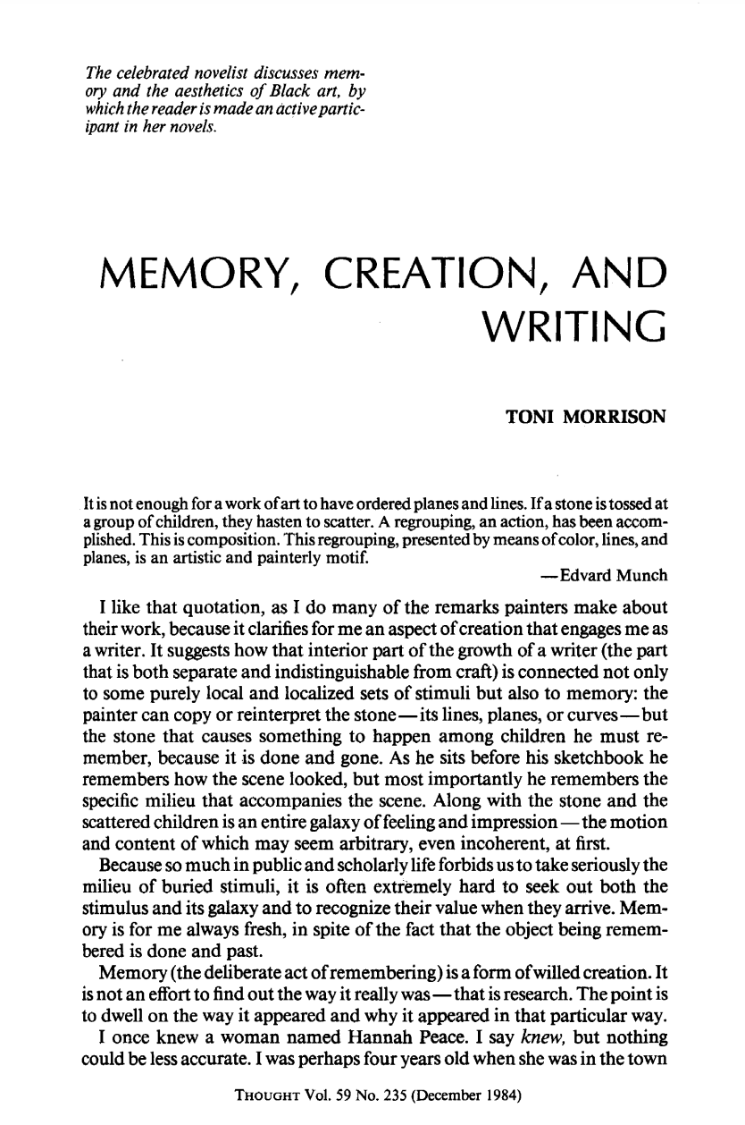 a scanned excerpt of the text, "memory, creation, and writing" appears on its title page. the title is written in capitalized letters at the top, with the body of text below.