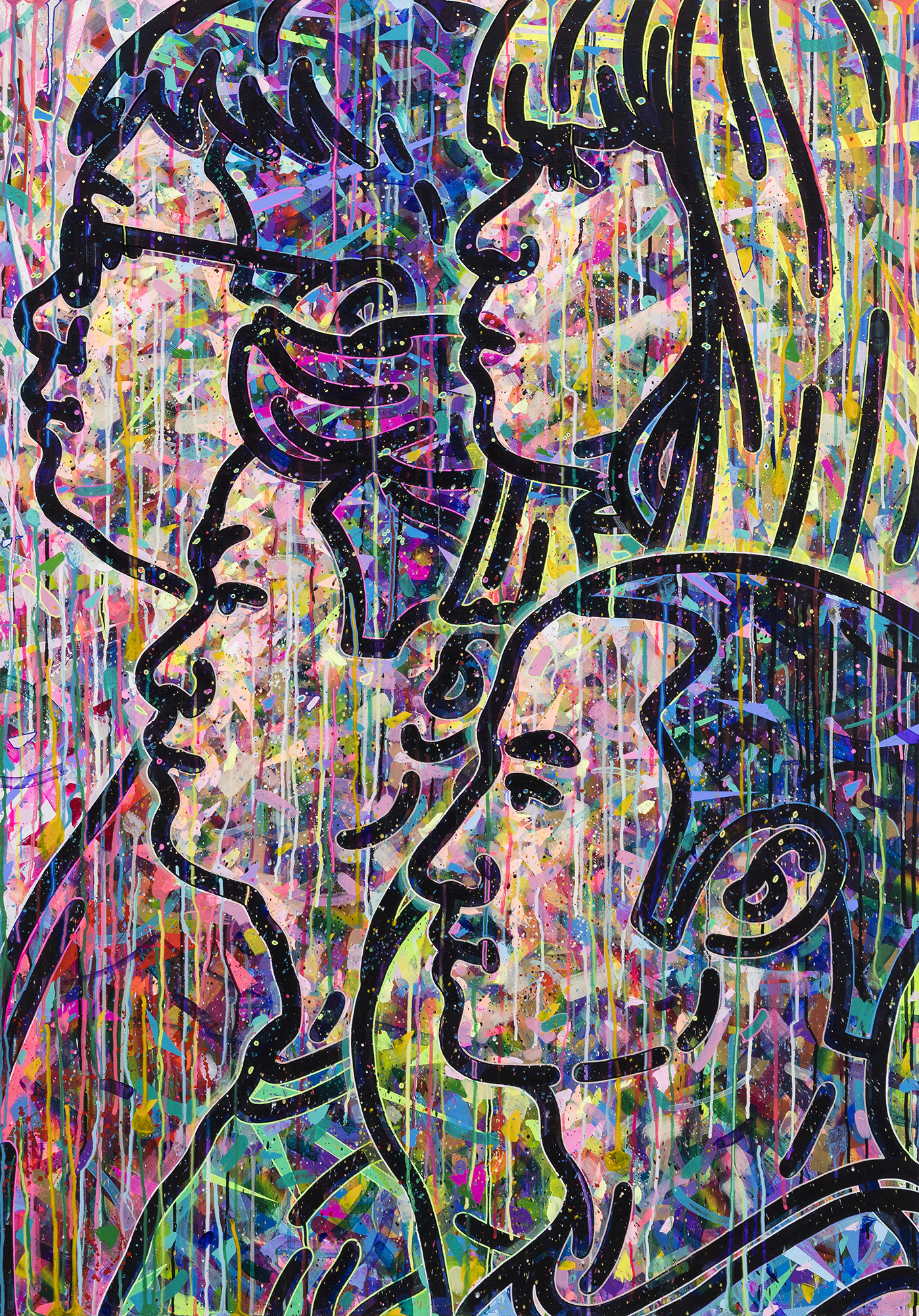 〈The Q #7(도균, 승욱, 아네싸, 찬혁)〉, 2019, 캔버스에 아크릴, 색연필, 스프레이 페인트, 145.5 &times; 102cmThe Q #7(Dokyun, Seungwook, Anessa, Chanhyeok), 2019, acrylic, color pencil, spray paint on canvas, 145.5 &times; 102cm