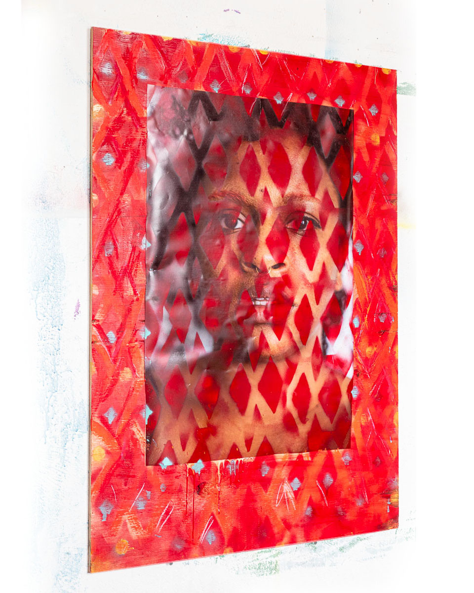 Portrait(s) Coated, #21, 24x48 Inkjet Print, Acrylic and Spray Paint on Wood Board