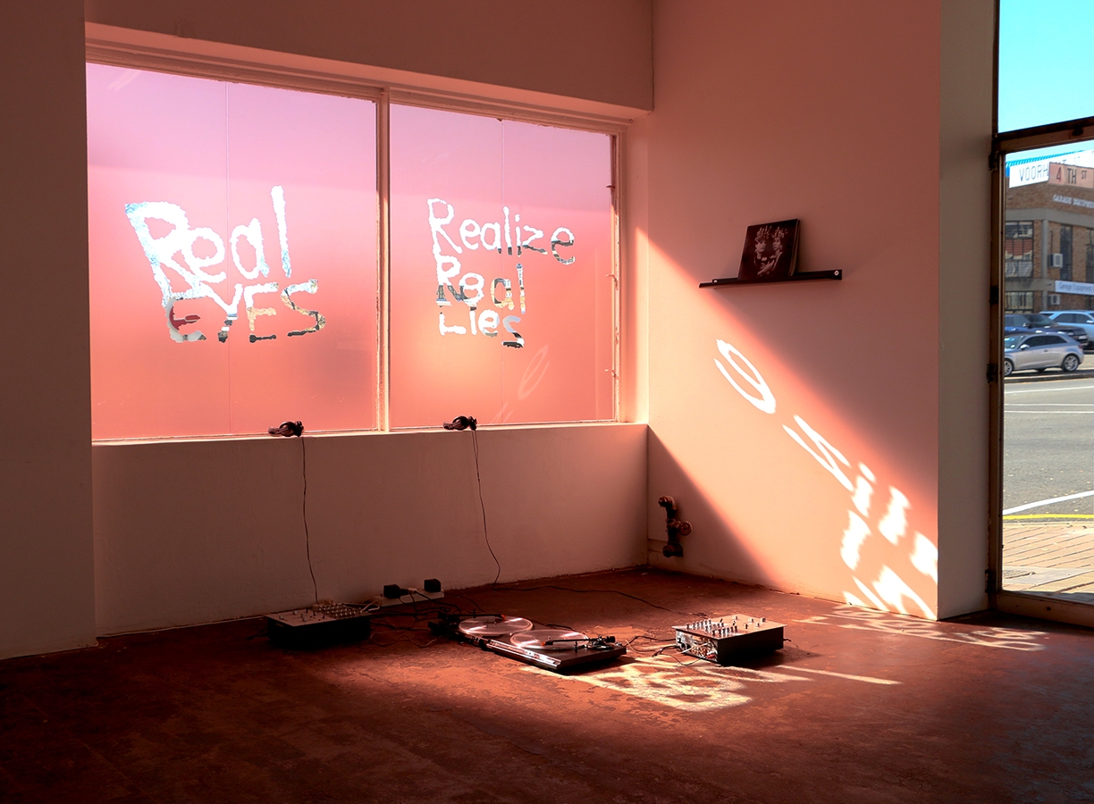 Abri de Swardt, Installation view, "Ridder Thirst", POOL Johannesburg, 26 April - 17 June 2018, featuring "Ridder Thirst LP" (2016 - 18), Double 12’’ Vinyl Record, 62’40 min, with Stephané E. Conradie, Metode en Tegniek, Athi Mongezeleli Joja, Pierre Fouché, Khanyisile Mbongwa, Rachel Collet, Alida Eloff and Abri de Swardt.