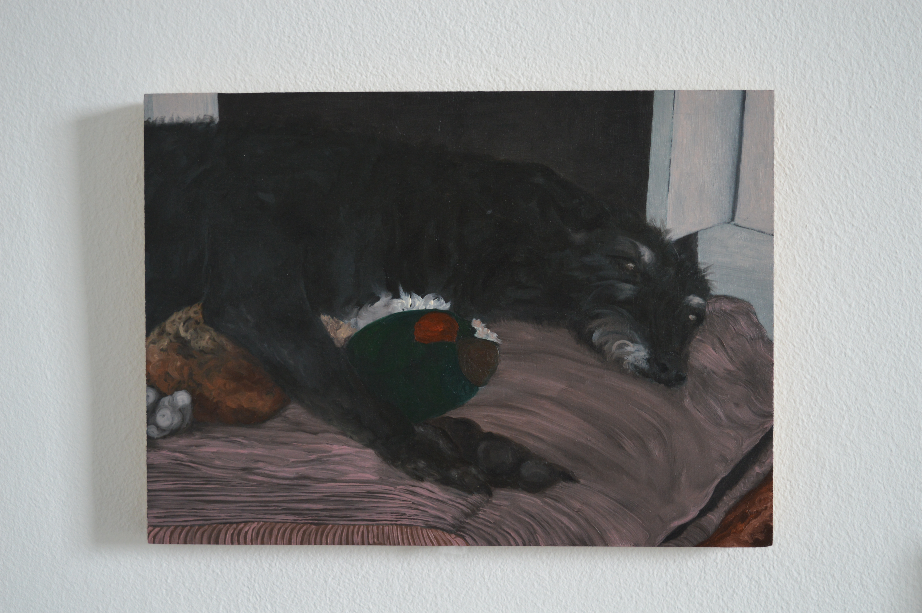 abra with pheasant, 2022 oil on mdf, 14.5cm x 20cm Abra with her favourite toy, from a photo in 2013.